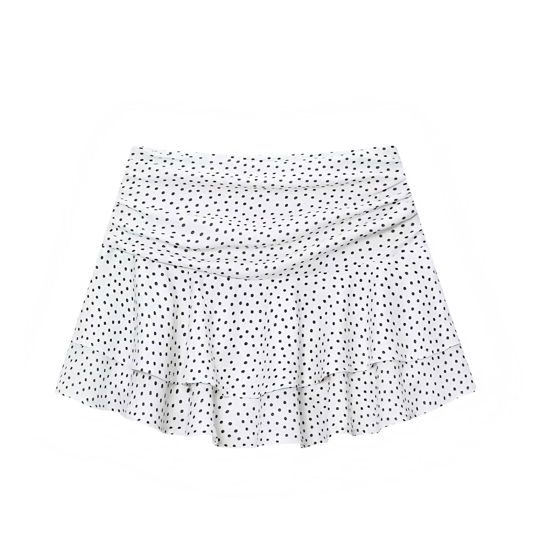 White polka dot print ruffled tiered mini skirt with layered ruffle trim and flowy flared silhouette. Low rise low waisted drop waist mini skirt short skirt for womens teens ladies. Y2K style 2016 fashion tumblr style casual chic minimalist everyday skirt for party outfits night out outfit clubwear streetwear fashion baddie outfits retro vintage coastal style preppy hamptons nantucket clean girl vanilla girl aesthetic scandi style.

