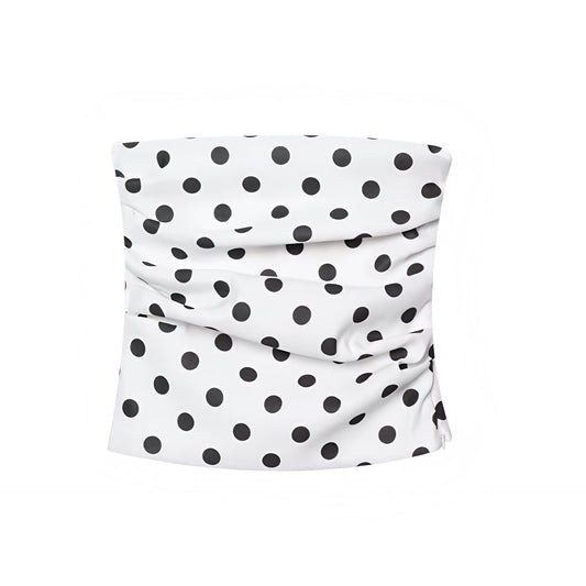 White polka dot print slim fit strapless crop top with dot patterned design and ruched bodycon silhouette. Strapless sleeveless tube top crop top tank top blouse for womens teens ladies. Y2K style 2016 fashion tumblr style casual chic minimalist everyday top for night out outfit clubwear party outfits hot girl outfit streetwear fashion baddie outfits vintage retro style coastal style preppy hamptons nantucket clean girl vanilla girl aesthetic scandi style.

