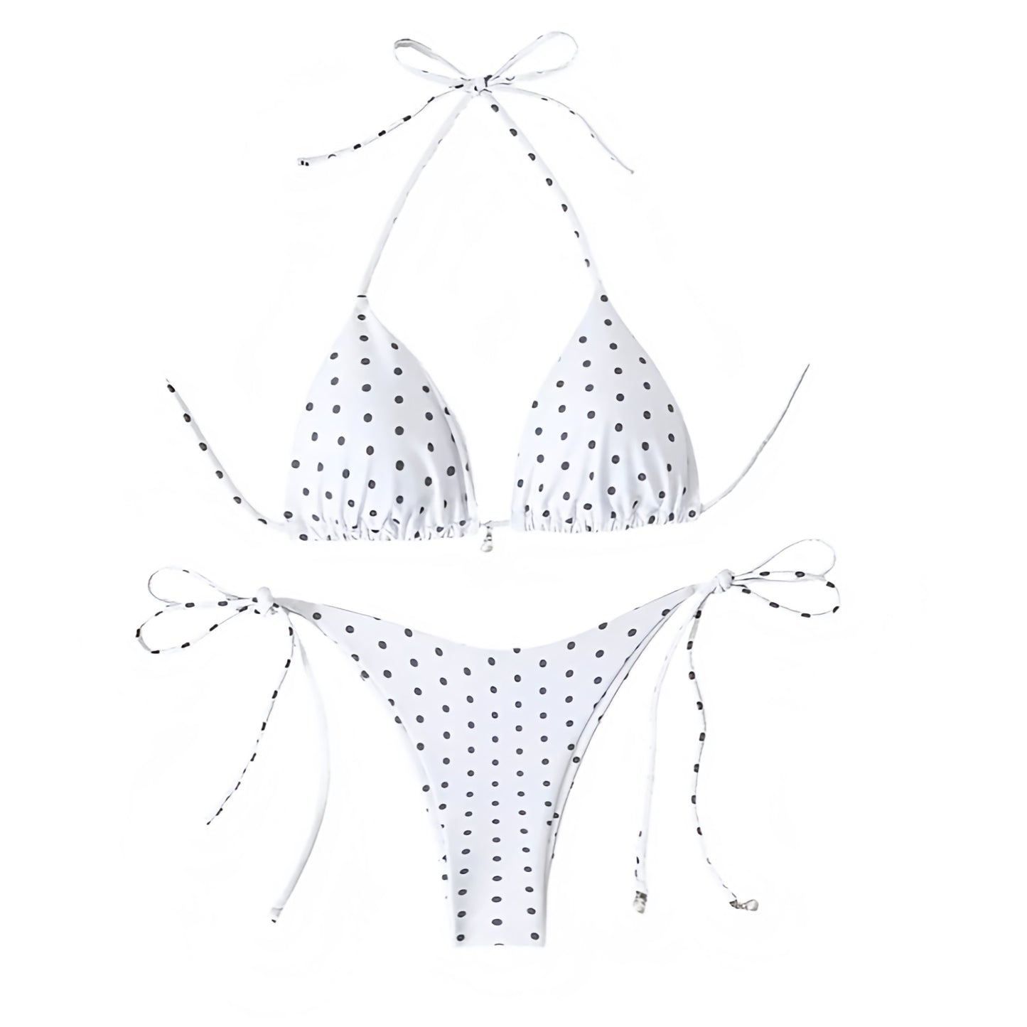 White polka dot print triangle string bikini set with spaghetti strap halter tie neck design and cheeky thong bottoms. Slim fit micro wireless wire free push up bikini swimsuit top and bottoms matching set swimwear bathing suit for womens teens ladies. Perfect for beach vacation euro summer spring break beach girl outfits resort wear coquette style soft girl style clean girl outfits retro vintage coastal hamptons nantucket style.

