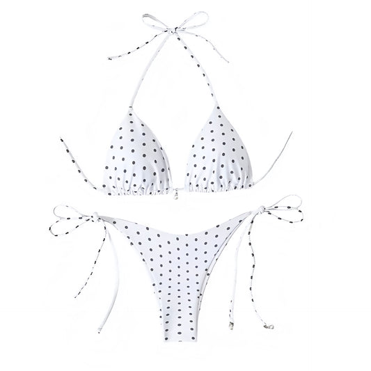 White polka dot print triangle string bikini set with spaghetti strap halter tie neck design and cheeky thong bottoms. Slim fit micro wireless wire free push up bikini swimsuit top and bottoms matching set swimwear bathing suit for womens teens ladies. Perfect for beach vacation euro summer spring break beach girl outfits resort wear coquette style soft girl style clean girl outfits retro vintage coastal hamptons nantucket style.

