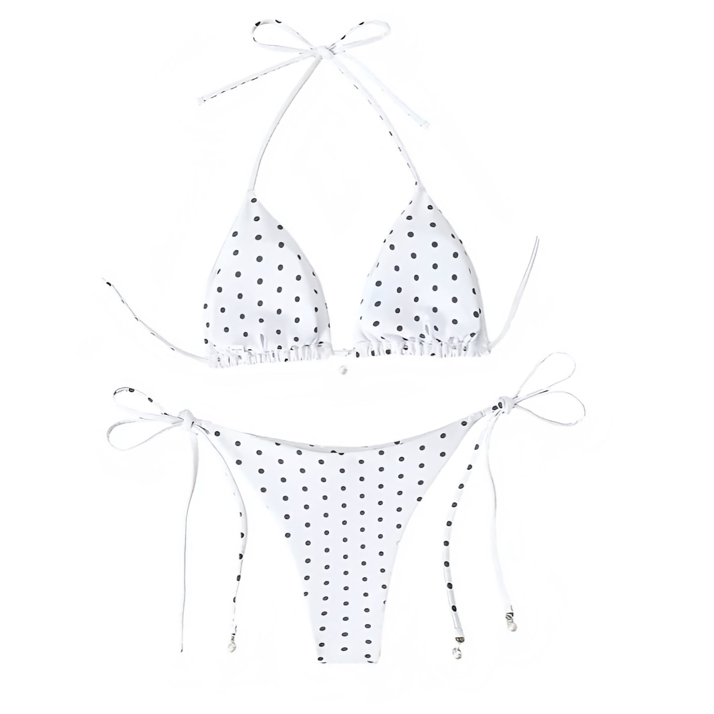 White polka dot print triangle string bikini set with spaghetti strap halter tie neck design and cheeky thong bottoms. Slim fit micro wireless wire free push up bikini swimsuit top and bottoms matching set swimwear bathing suit for womens teens ladies. Perfect for beach vacation euro summer spring break beach girl outfits resort wear coquette style soft girl style clean girl outfits retro vintage coastal hamptons nantucket style.

