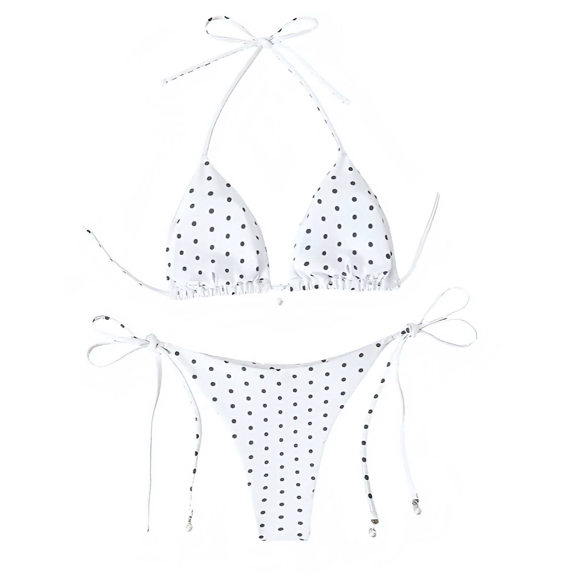 White polka dot print triangle string bikini set with spaghetti strap halter tie neck design and cheeky thong bottoms. Slim fit micro wireless wire free push up bikini swimsuit top and bottoms matching set swimwear bathing suit for womens teens ladies. Perfect for beach vacation euro summer spring break beach girl outfits resort wear coquette style soft girl style clean girl outfits retro vintage coastal hamptons nantucket style.

