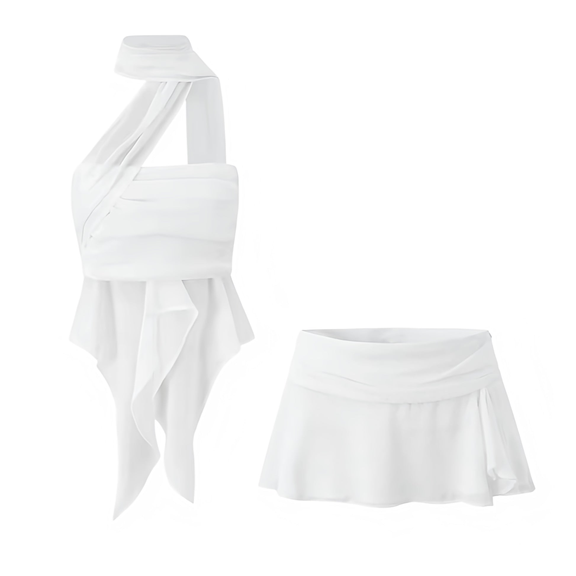 White Ruffle Trim Halter Top & Low-Rise Mini Skirt 2 Piece Set. Slim fit layered ruffle crop top with sleeveless halter neckline, mock neck detail, asymmetric cut, and flared silhouette paired with a low-rise mini skirt. Chic two-piece matching set for women, teens, and ladies who love feminine fashion for holidays, vacations, casual everyday wear, Y2K-inspired looks, sorority rush, dances, festivals, parties, night out, going-out outfits, sexy club wear, rave style, Ibiza fashion, Euro summer, boho chic