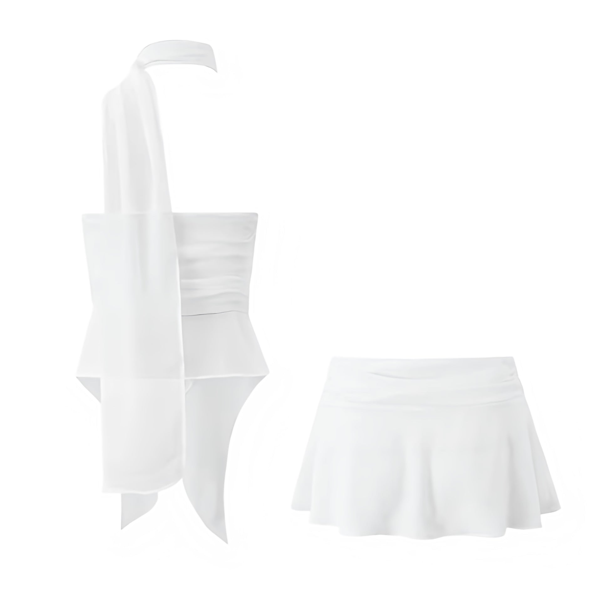 White Ruffle Trim Halter Top & Low-Rise Mini Skirt 2 Piece Set. Slim fit layered ruffle crop top with sleeveless halter neckline, mock neck detail, asymmetric cut, and flared silhouette paired with a low-rise mini skirt. Chic two-piece matching set for women, teens, and ladies who love feminine fashion for holidays, vacations, casual everyday wear, Y2K-inspired looks, sorority rush, dances, festivals, parties, night out, going-out outfits, sexy club wear, rave style, Ibiza fashion, Euro summer, boho chic