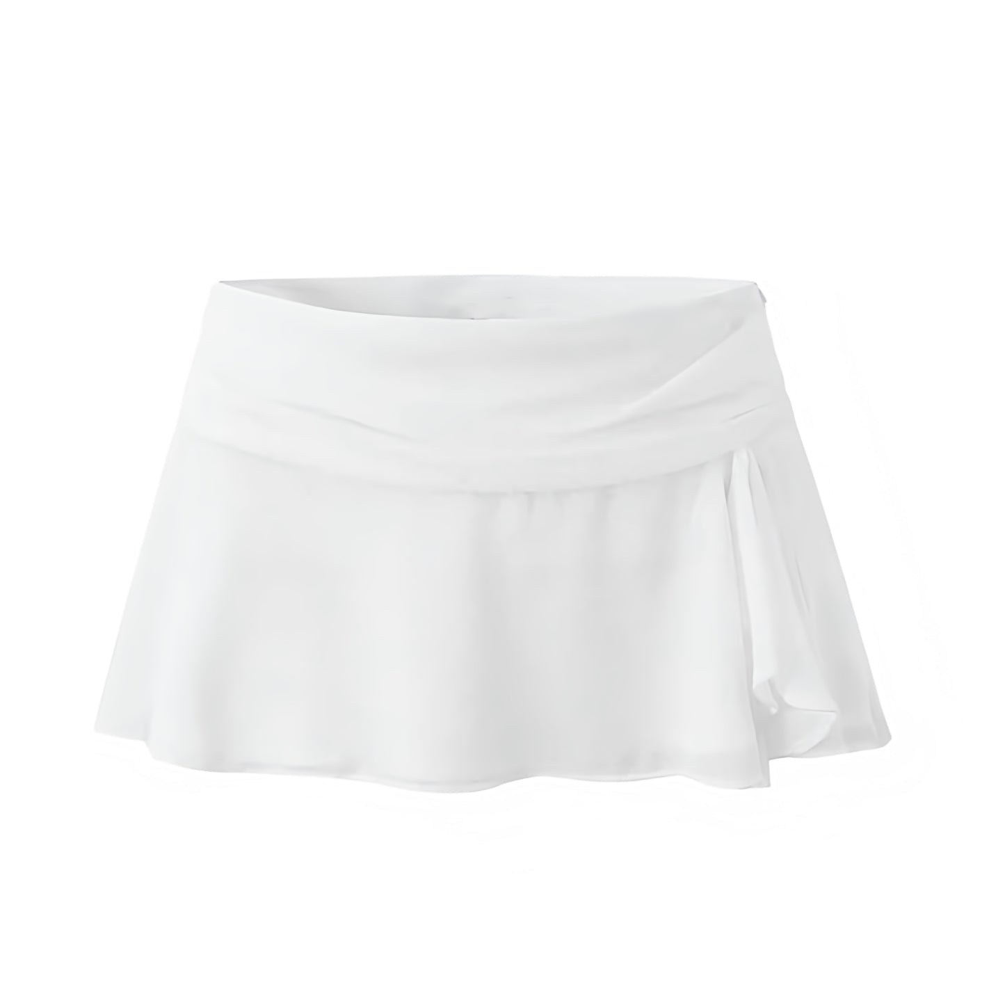 White Ruffle Trim Low-Rise Mini Skirt. Slim fit silhouette with layered ruffle trim, flared A-line cut, and chic low-rise mini length. Feminine and trendy short skirt for women, teens, and ladies who love Y2K-inspired fashion, Ibiza style, Euro summer looks, and boho chic outfits. Perfect for holidays, vacations, sorority rush, school events, festivals, raves, parties, sexy night out outfits, club wear, and casual chic styling. Ships worldwide to US, UK, Canada, Australia, New Zealand, Europe, and Asia.