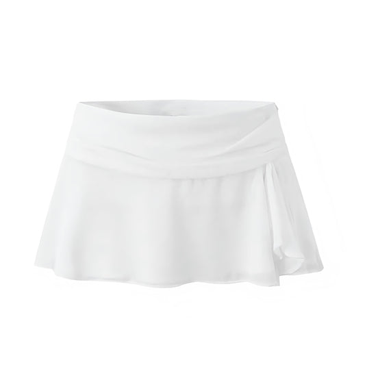 White Ruffle Trim Low-Rise Mini Skirt. Slim fit silhouette with layered ruffle trim, flared A-line cut, and chic low-rise mini length. Feminine and trendy short skirt for women, teens, and ladies who love Y2K-inspired fashion, Ibiza style, Euro summer looks, and boho chic outfits. Perfect for holidays, vacations, sorority rush, school events, festivals, raves, parties, sexy night out outfits, club wear, and casual chic styling. Ships worldwide to US, UK, Canada, Australia, New Zealand, Europe, and Asia.
