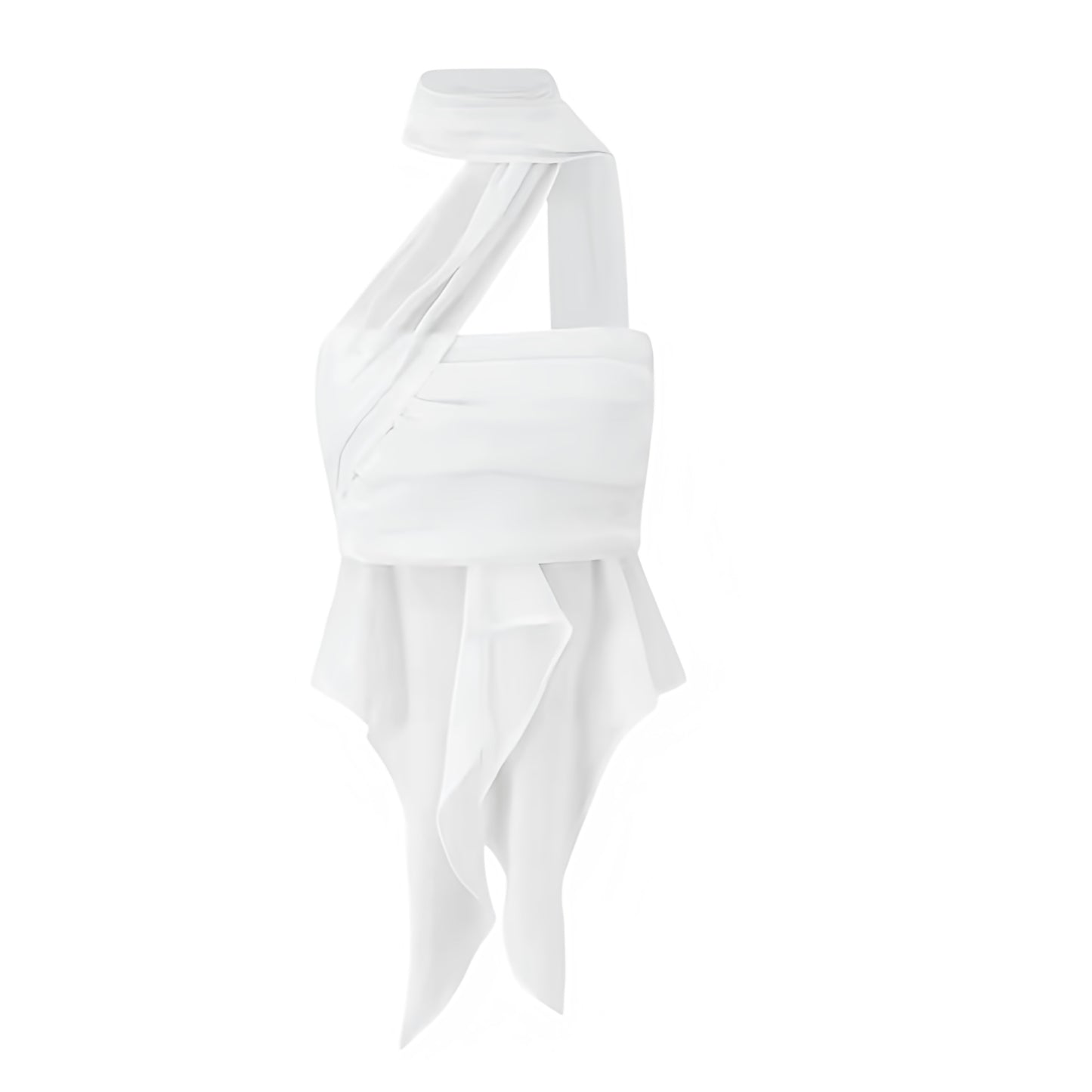 White Ruffle Trim Sleeveless Halter Crop Top. Slim fit blouse with layered ruffle trim, flared asymmetric design, sleeveless cut, halter neckline with mock neck and turtleneck detail. Feminine white crop top perfect for women, teens, and ladies who love chic Y2K fashion, boho chic, Ibiza style, Euro summer, and festival looks. Ideal for holidays, vacations, sorority rush, parties, night out, going-out outfits, sexy club wear, and rave styling. Ships worldwide to US, UK, Canada, Australia, Europe, Asia 