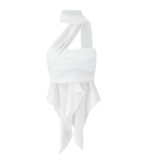 White Ruffle Trim Sleeveless Halter Crop Top. Slim fit blouse with layered ruffle trim, flared asymmetric design, sleeveless cut, halter neckline with mock neck and turtleneck detail. Feminine white crop top perfect for women, teens, and ladies who love chic Y2K fashion, boho chic, Ibiza style, Euro summer, and festival looks. Ideal for holidays, vacations, sorority rush, parties, night out, going-out outfits, sexy club wear, and rave styling. Ships worldwide to US, UK, Canada, Australia, Europe, Asia 