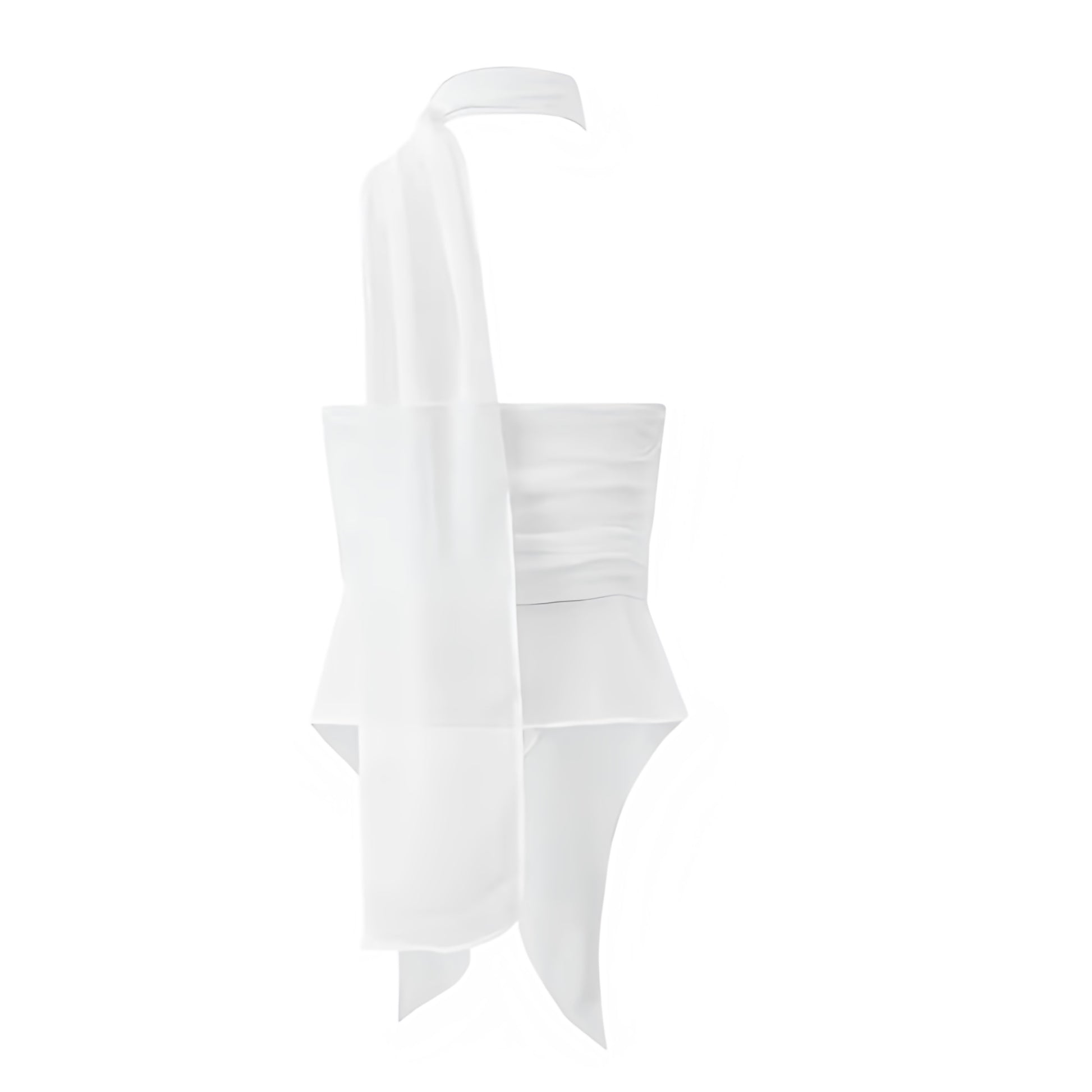 White Ruffle Trim Sleeveless Halter Crop Top. Slim fit blouse with layered ruffle trim, flared asymmetric design, sleeveless cut, halter neckline with mock neck and turtleneck detail. Feminine white crop top perfect for women, teens, and ladies who love chic Y2K fashion, boho chic, Ibiza style, Euro summer, and festival looks. Ideal for holidays, vacations, sorority rush, parties, night out, going-out outfits, sexy club wear, and rave styling. Ships worldwide to US, UK, Canada, Australia, Europe, Asia