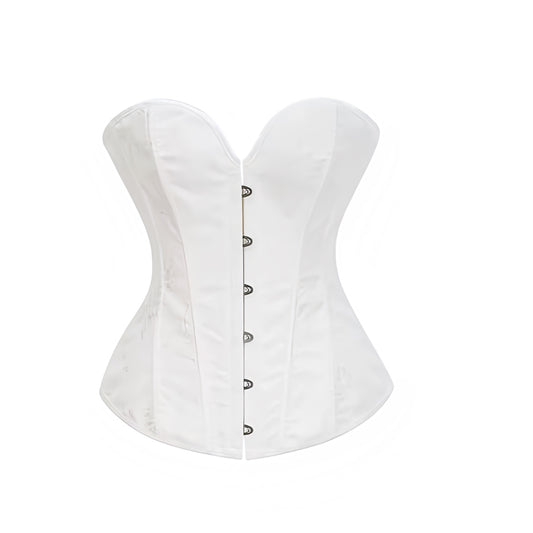 White satin lace-up strapless bustier corset top with sweetheart neckline, slim fit bodycon silhouette, and floral patterned satin detail. Sexy tube crop bustier top for women, teens, and ladies. Perfect for chic trendy evening looks, night out, going out, party wear, club wear, rave, festival, concert, vintage retro coquette Y2K style, it girl baddie fashion, and Halloween adults angel costume or halloweekend 2025 outfit. Ships globally worldwide to US, Australia, New Zealand, UK, Canada, Germany, France.
