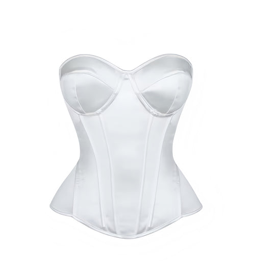 White satin underwire lace-up strapless bustier corset top with sweetheart neckline, wired push-up design, slim fit bodycon framed silhouette, and tube crop cut. Sexy elegant satin bustier corset top for women, teens, and ladies. Perfect for chic trendy evening looks, night out outfits, parties, going out, club wear, rave, festival, concert, vintage retro coquette Y2K fashion, it girl and baddie style, plus Halloween adults angel costume or halloweekend 2025 outfit. Ships globally worldwide.