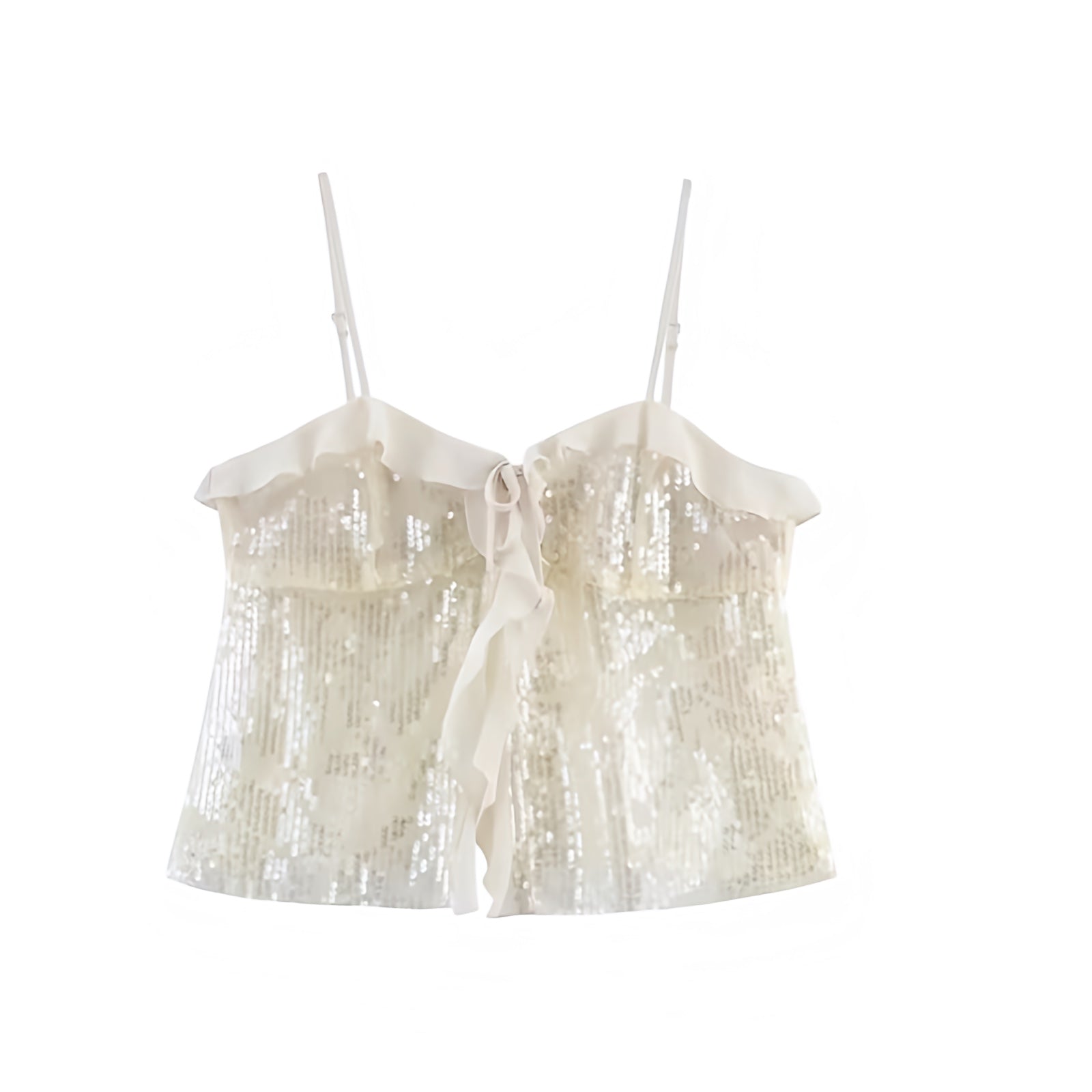 White sequin embellished slim fit ruffle trim sweetheart neckline spaghetti strap sleeveless backless crop tank top blouse for women teens chic boho Ibiza style Y2K sexy it girl that girl trendy summer vacation rave concert festival party club fashion 2025 with worldwide global shipping USA Canada UK Europe Asia Australia