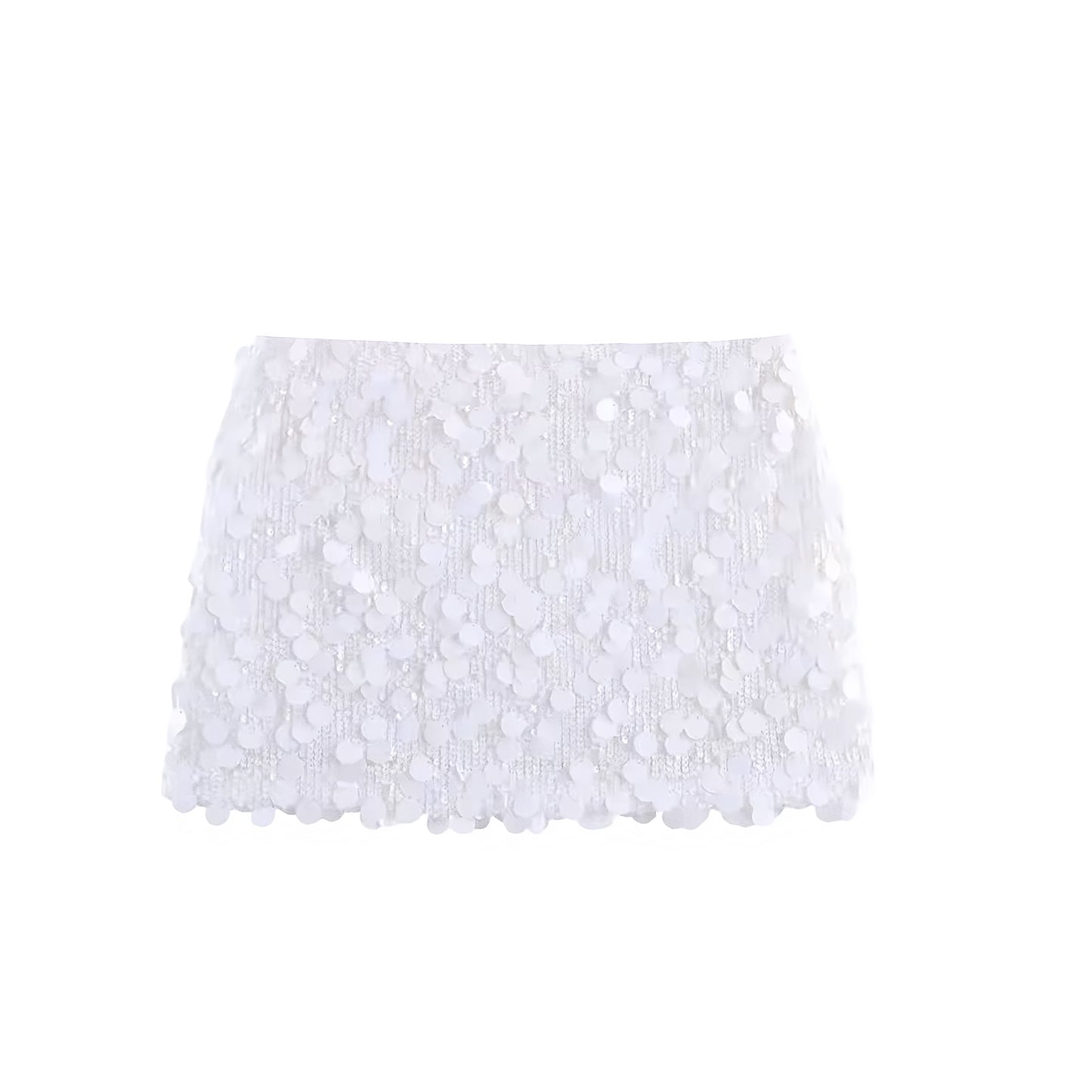 White sequin embellished beaded low rise mini skirt with metallic shimmer sparkle glitter sequined slim fit skinny fit bodycon pencil micro skirt design. Chic trendy casual elegant sexy skirt for women, teens, and ladies. Perfect for beach vacation, summer vacation, euro summer, Ibiza fashion, rave outfit, festival outfit, concert outfit, disco party, club wear, night out, going out, NYE outfit, boho chic style, y2k fashion, baddie aesthetic, star girl aesthetic, chrome, mermaidcore, tropicalcore, fairycore