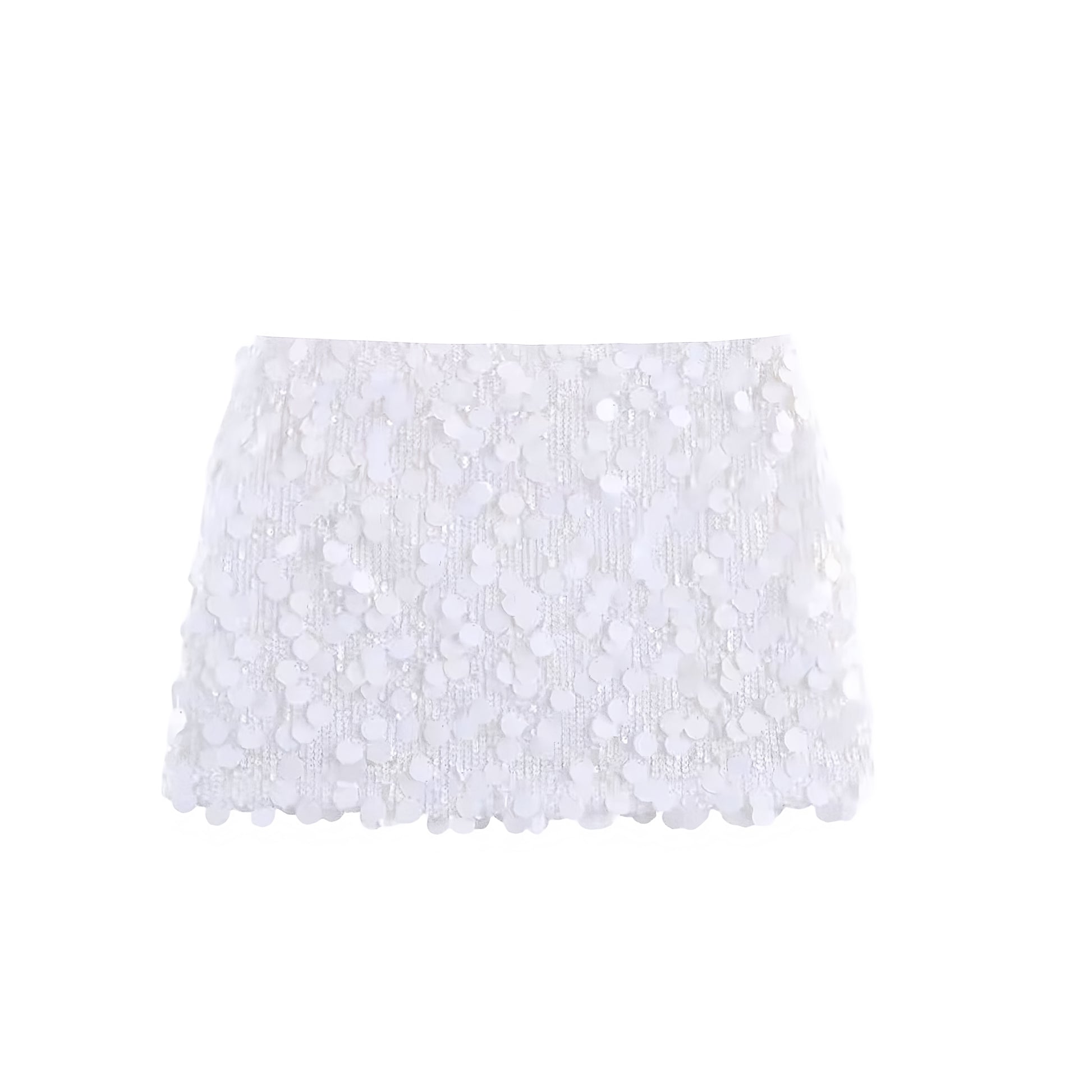 White sequin embellished beaded low rise mini skirt with metallic shimmer sparkle glitter sequined slim fit skinny fit bodycon pencil micro skirt design. Chic trendy casual elegant sexy skirt for women, teens, and ladies. Perfect for beach vacation, summer vacation, euro summer, Ibiza fashion, rave outfit, festival outfit, concert outfit, disco party, club wear, night out, going out, NYE outfit, boho chic style, y2k fashion, baddie aesthetic, star girl aesthetic, chrome, mermaidcore, tropicalcore, fairycore