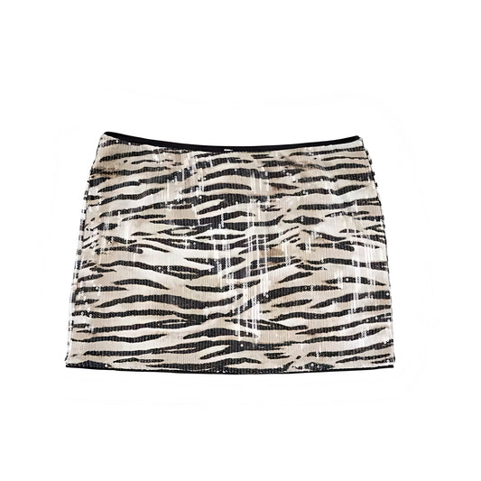 White sequin embellished zebra print mini skirt with black tiger print animal print striped patterened multicolor beaded sparkly shimmery glittery fabric. Slim fit bodycon slim silhouette low rise low waisted micro skirt short skirt pencil skirt style for womens teens ladies. Y2K style 2000s fashion party night out club wear disco outfit festival concert ibiza style baddie street wear retro style.

