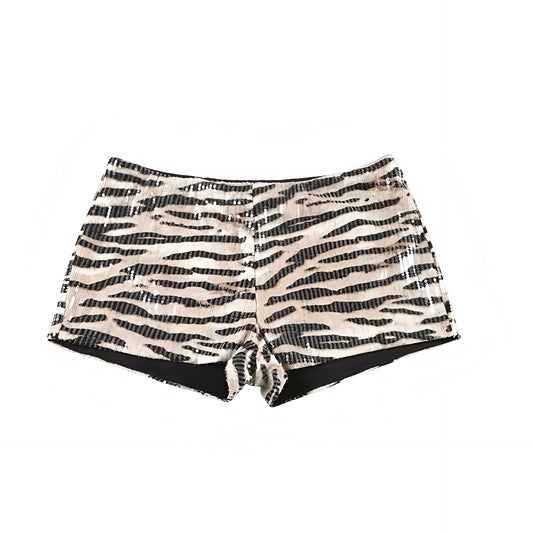 White and black zebra print sequin embellished micro shorts with sparkly glittery beaded design. Slim fit bodycon low rise low waisted hot pants mini shorts for womens teens ladies. Perfect for party night out clubwear disco outfit festival rave ibiza style y2k fashion baddie outfits streetwear halloween costume retro style.


