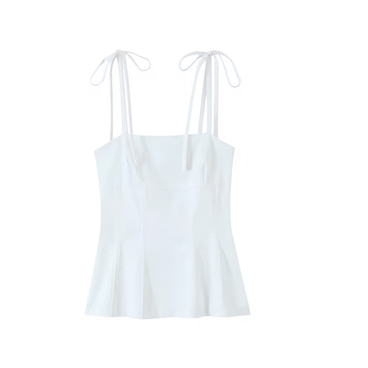 White Bow Spaghetti Strap Corset Bustier Slim Fit Bodcon Crop Tank Top Blouse with Peplum Flared Ruffle Trim Plissé Pleated Square Neckline Sleeveless Backless Chic Preppy Coquette Y2K Summer 2025 Fashion
