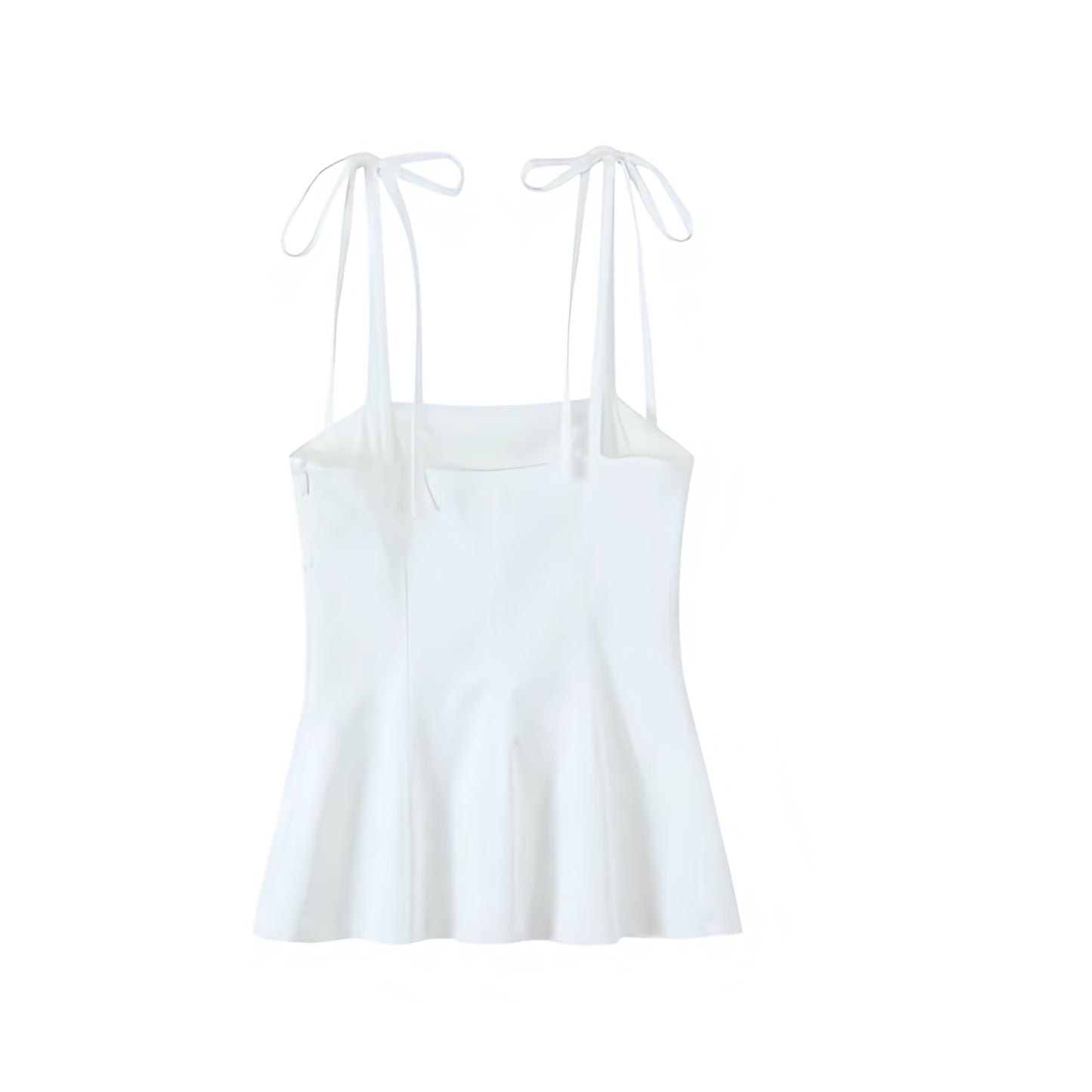 White Bow Spaghetti Strap Corset Bustier Slim Fit Bodcon Crop Tank Top Blouse with Peplum Flared Ruffle Trim Plissé Pleated Square Neckline Sleeveless Backless Chic Preppy Coquette Y2K Summer 2025 Fashion