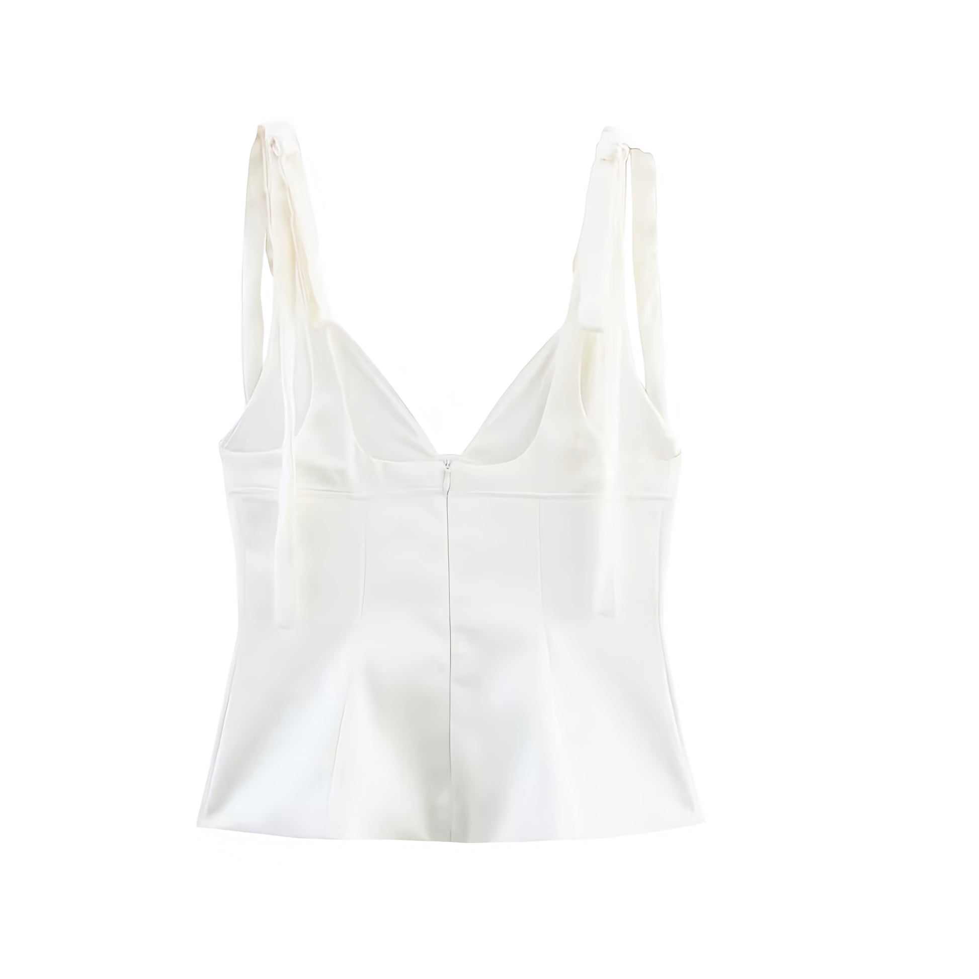 White Satin V-Neck Bow Spaghetti Strap Corset Bustier Slim Fit Crop Tank Top Blouse with Peplum Flared Ruffle Trim Plissé Pleated Sleeveless Backless Elegant Preppy Coquette Y2K Summer 2025 Fashion Available worldwide with fast shipping to US, UK, Canada, Australia, France, Germany, Denmark, Europe, and Asia.
