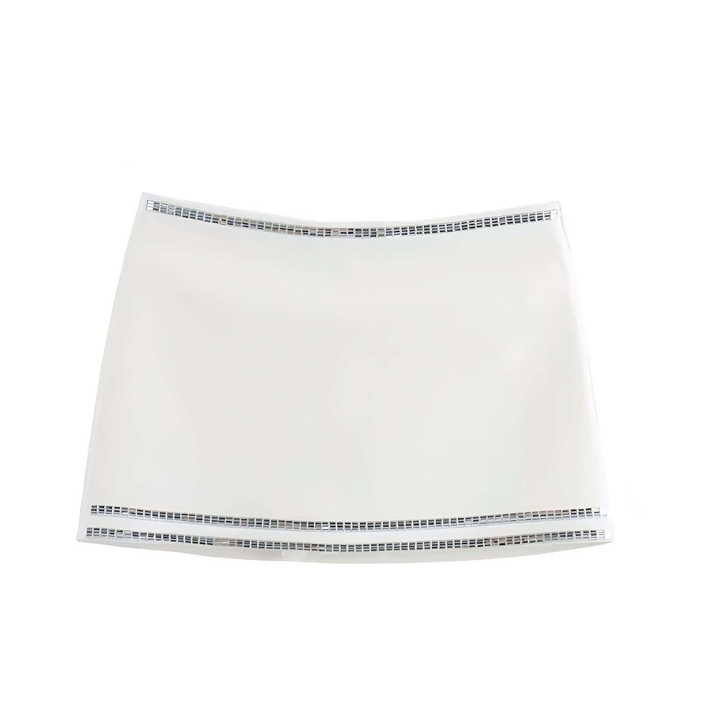 White slim fit sequin embellished low-rise bodycon mini skirt with silver stripes. Short skirt silhouette designed for women and teens. Sexy chic trendy fashion for summer and fall 2025. Perfect for party, night out, going out, club wear, rave, festival, concert, sorority, rush, casual everyday, Y2K boho chic, Ibiza style, Stockholm street wear, dance, formal, homecoming, graduation. Ships worldwide to USA, Australia, New Zealand, UK, Canada, Germany, France, Ireland, Denmark, Sweden, Switzerland, Europe 
