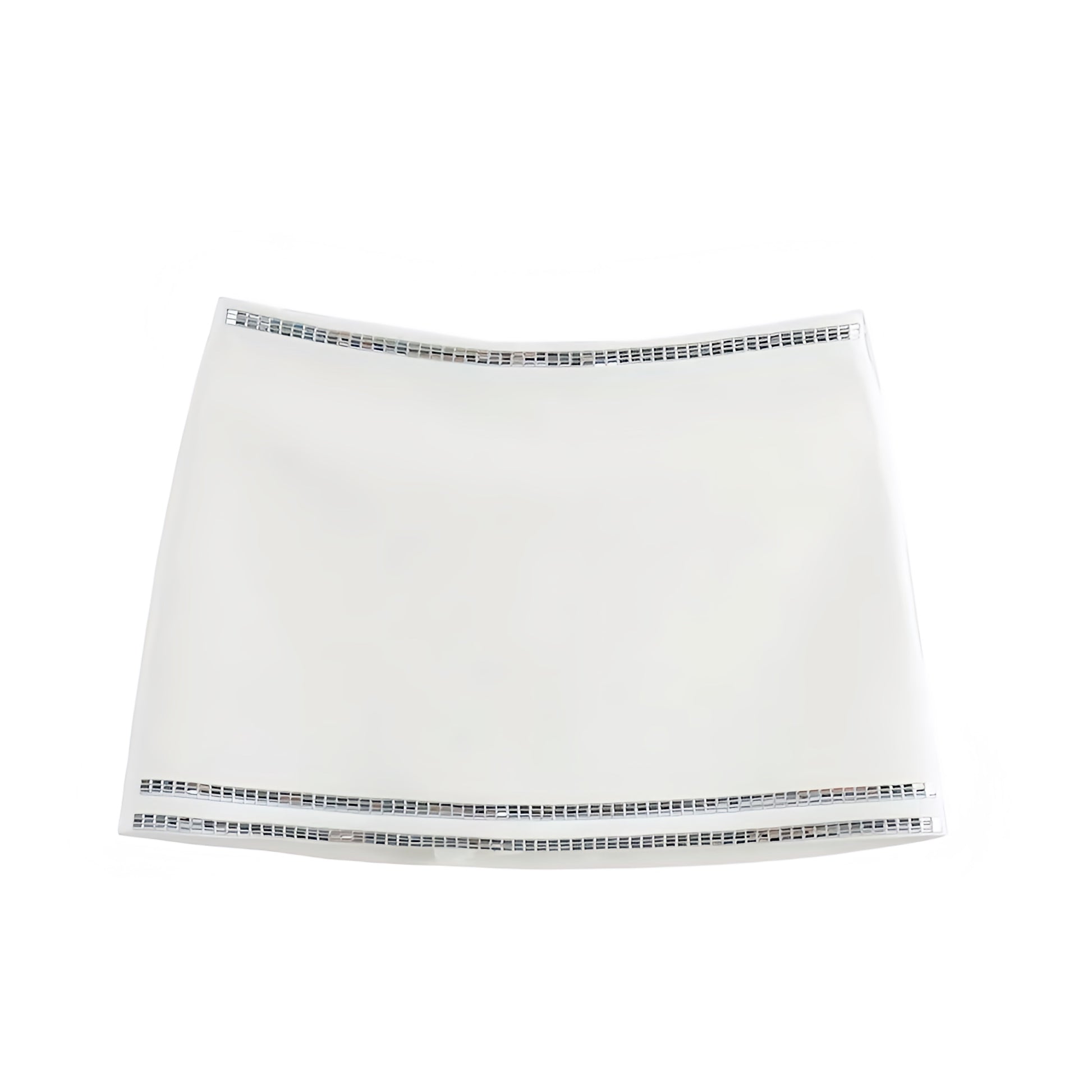 White slim fit sequin embellished low-rise bodycon mini skirt with silver stripes. Short skirt silhouette designed for women and teens. Sexy chic trendy fashion for summer and fall 2025. Perfect for party, night out, going out, club wear, rave, festival, concert, sorority, rush, casual everyday, Y2K boho chic, Ibiza style, Stockholm street wear, dance, formal, homecoming, graduation. Ships worldwide to USA, Australia, New Zealand, UK, Canada, Germany, France, Ireland, Denmark, Sweden, Switzerland, Europe 