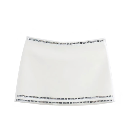 White slim fit sequin embellished low-rise bodycon mini skirt with silver stripes. Short skirt silhouette designed for women and teens. Sexy chic trendy fashion for summer and fall 2025. Perfect for party, night out, going out, club wear, rave, festival, concert, sorority, rush, casual everyday, Y2K boho chic, Ibiza style, Stockholm street wear, dance, formal, homecoming, graduation. Ships worldwide to USA, Australia, New Zealand, UK, Canada, Germany, France, Ireland, Denmark, Sweden, Switzerland, Europe 