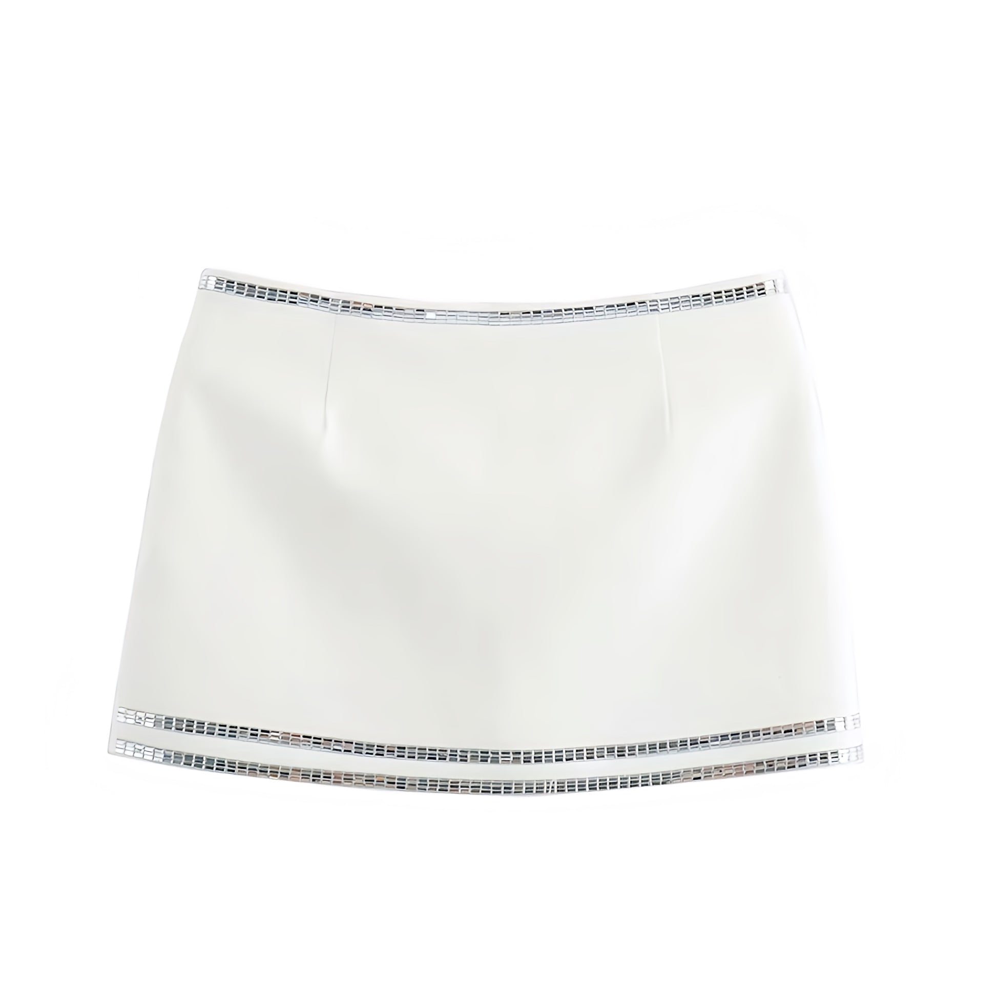 White slim fit sequin embellished low-rise bodycon mini skirt with silver stripes. Short skirt silhouette designed for women and teens. Sexy chic trendy fashion for summer and fall 2025. Perfect for party, night out, going out, club wear, rave, festival, concert, sorority, rush, casual everyday, Y2K boho chic, Ibiza style, Stockholm street wear, dance, formal, homecoming, graduation. Ships worldwide to USA, Australia, New Zealand, UK, Canada, Germany, France, Ireland, Denmark, Sweden, Switzerland, Europe 