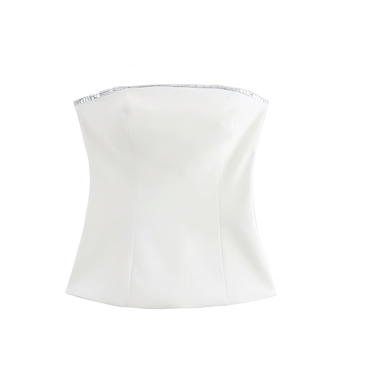 White slim fit sequin embellished strapless tube top. Silver striped bandeau bustier corset inspired crop top blouse with sleeveless backless design. Women’s and teens’ fashion for summer and fall 2025. Sexy chic Y2K trendy style for party, night out, going out, club wear, rave, festival, concert, sorority, rush, casual everyday, Ibiza style, boho chic, Stockholm style, street wear, dance, formal, homecoming, graduation. Ships worldwide to USA, Australia, New Zealand, UK, Canada, Germany, France, Europe 