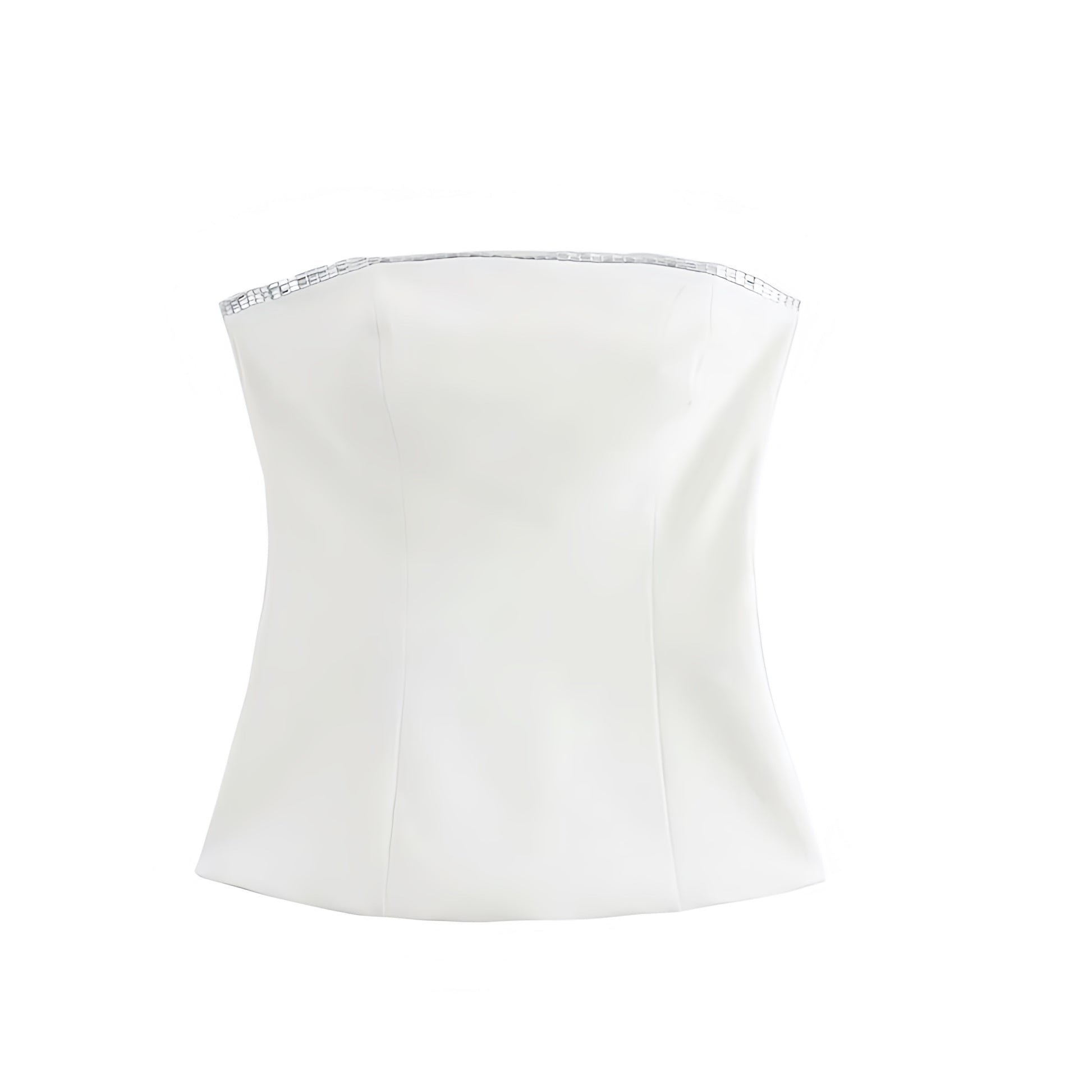 White slim fit sequin embellished strapless tube top. Silver striped bandeau bustier corset inspired crop top blouse with sleeveless backless design. Women’s and teens’ fashion for summer and fall 2025. Sexy chic Y2K trendy style for party, night out, going out, club wear, rave, festival, concert, sorority, rush, casual everyday, Ibiza style, boho chic, Stockholm style, street wear, dance, formal, homecoming, graduation. Ships worldwide to USA, Australia, New Zealand, UK, Canada, Germany, France, Europe 