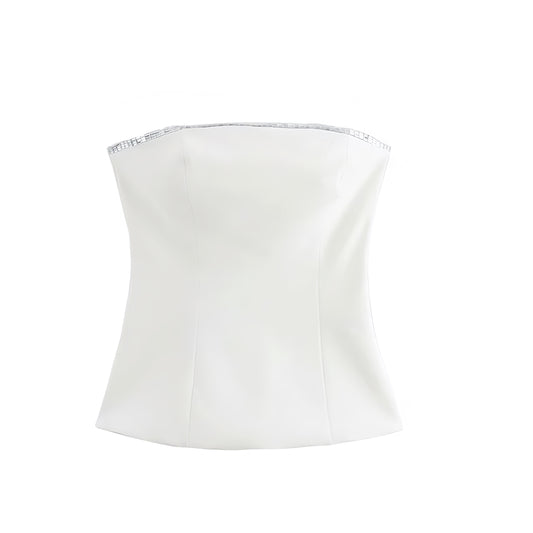 White slim fit sequin embellished strapless tube top. Silver striped bandeau bustier corset inspired crop top blouse with sleeveless backless design. Women’s and teens’ fashion for summer and fall 2025. Sexy chic Y2K trendy style for party, night out, going out, club wear, rave, festival, concert, sorority, rush, casual everyday, Ibiza style, boho chic, Stockholm style, street wear, dance, formal, homecoming, graduation. Ships worldwide to USA, Australia, New Zealand, UK, Canada, Germany, France, Europe 