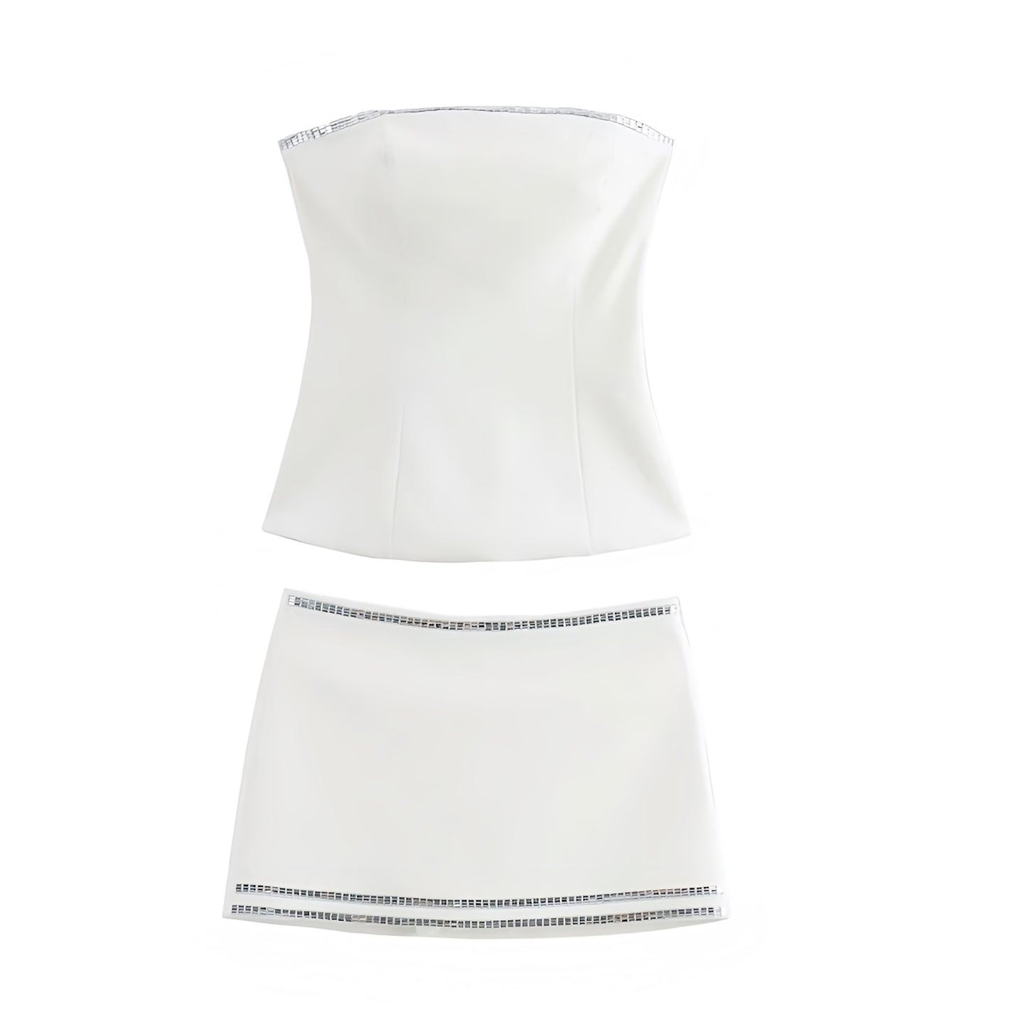 White slim fit sequin embellished strapless tube top and mini skirt matching 2 piece set. Strapless bandeau bustier corset style slim fit bodycon silhouette sleeveless backless short mini dress outfit. Women’s and teens’ summer and fall 2025 fashion. Sexy chic trendy Y2K style for sorority, rush, casual everyday wear, party, night out, club wear, rave, festival, concert, Ibiza style, boho chic, Stockholm style, street wear, dance, formal, homecoming, hoco, graduation. Ships worldwide to USA, AU, Europe 