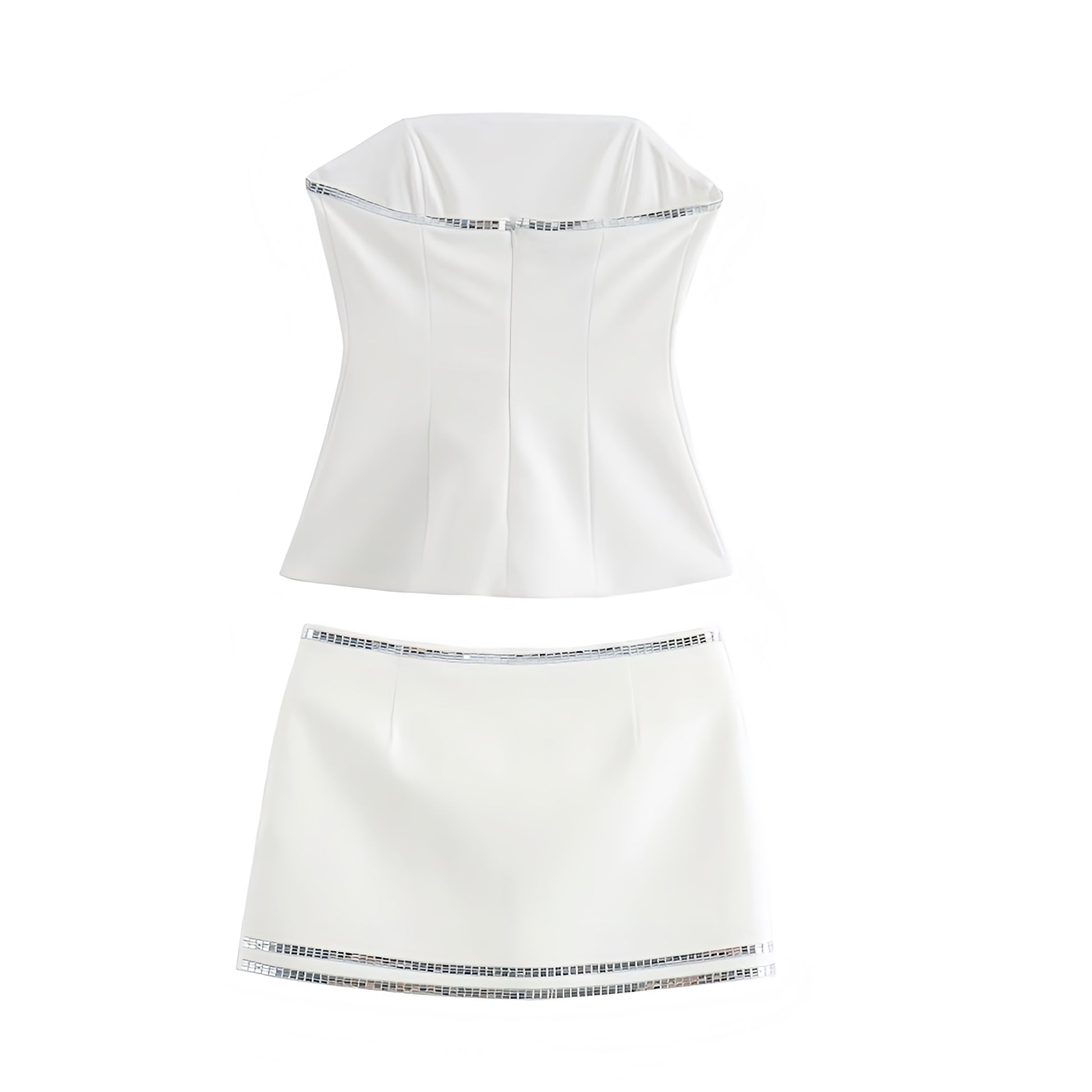 White slim fit sequin embellished strapless tube top and mini skirt matching 2 piece set. Strapless bandeau bustier corset style slim fit bodycon silhouette sleeveless backless short mini dress outfit. Women’s and teens’ summer and fall 2025 fashion. Sexy chic trendy Y2K style for sorority, rush, casual everyday wear, party, night out, club wear, rave, festival, concert, Ibiza style, boho chic, Stockholm style, street wear, dance, formal, homecoming, hoco, graduation. Ships worldwide to USA, AU, Europe 