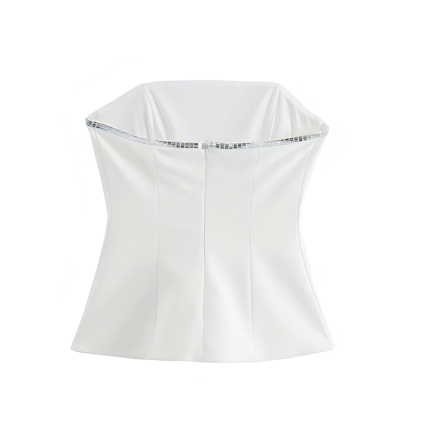 White slim fit sequin embellished strapless tube top. Silver striped bandeau bustier corset inspired crop top blouse with sleeveless backless design. Women’s and teens’ fashion for summer and fall 2025. Sexy chic Y2K trendy style for party, night out, going out, club wear, rave, festival, concert, sorority, rush, casual everyday, Ibiza style, boho chic, Stockholm style, street wear, dance, formal, homecoming, graduation. Ships worldwide to USA, Australia, New Zealand, UK, Canada, Germany, France, Europe 