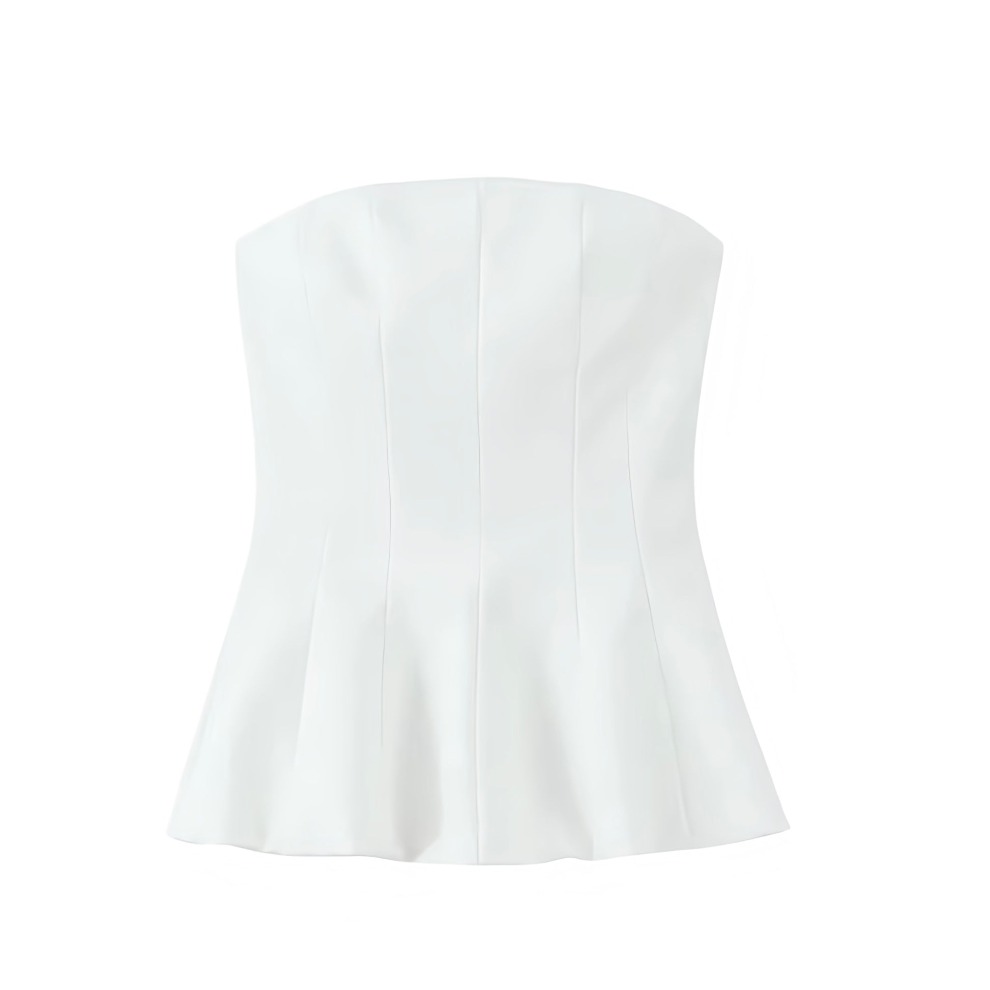 White slim fit strapless corset top for women, teens, and ladies. Bodycon bustier crop blouse with bandeau tube design, square neckline, sleeveless fit, flared peplum hem, plisse pleated chic detail. Feminine coquette Y2K fashion, trendy preppy style, sexy evening party, sorority rush, casual everyday, holiday vacation, club wear, going out look. Perfect summer and fall 2025 fashion essential. Ships globally and worldwide to USA, Australia, New Zealand, UK, Canada, Germany, France, Ireland, Denmark, Europe 