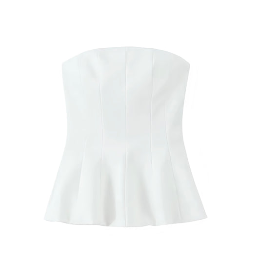 White slim fit strapless corset top for women, teens, and ladies. Bodycon bustier crop blouse with bandeau tube design, square neckline, sleeveless fit, flared peplum hem, plisse pleated chic detail. Feminine coquette Y2K fashion, trendy preppy style, sexy evening party, sorority rush, casual everyday, holiday vacation, club wear, going out look. Perfect summer and fall 2025 fashion essential. Ships globally and worldwide to USA, Australia, New Zealand, UK, Canada, Germany, France, Ireland, Denmark, Europe 