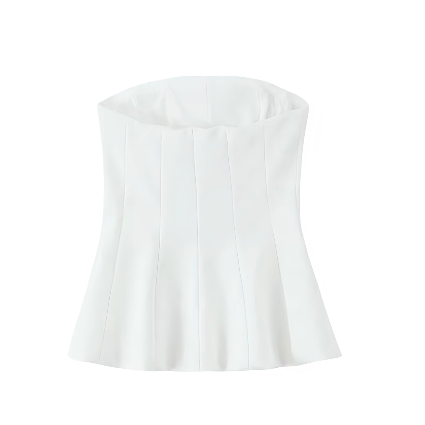 White slim fit strapless corset top for women, teens, and ladies. Bodycon bustier crop blouse with bandeau tube design, square neckline, sleeveless fit, flared peplum hem, plisse pleated chic detail. Feminine coquette Y2K fashion, trendy preppy style, sexy evening party, sorority rush, casual everyday, holiday vacation, club wear, going out look. Perfect summer and fall 2025 fashion essential. Ships globally and worldwide to USA, Australia, New Zealand, UK, Canada, Germany, France, Ireland, Denmark, Europe 