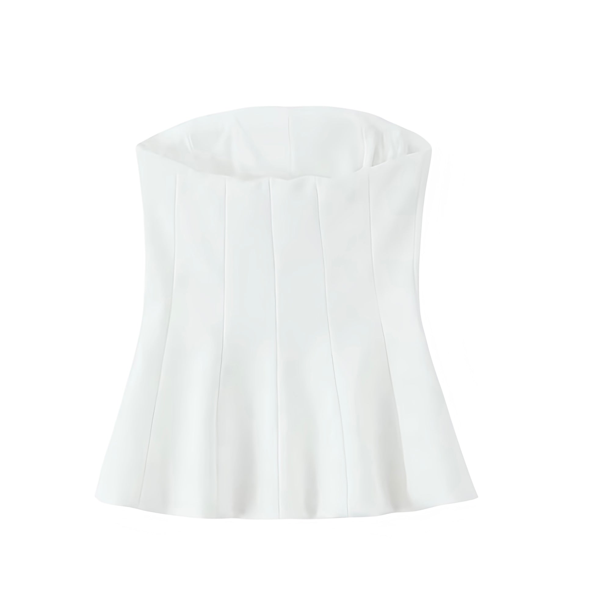 White slim fit strapless corset top for women, teens, and ladies. Bodycon bustier crop blouse with bandeau tube design, square neckline, sleeveless fit, flared peplum hem, plisse pleated chic detail. Feminine coquette Y2K fashion, trendy preppy style, sexy evening party, sorority rush, casual everyday, holiday vacation, club wear, going out look. Perfect summer and fall 2025 fashion essential. Ships globally and worldwide to USA, Australia, New Zealand, UK, Canada, Germany, France, Ireland, Denmark, Europe 