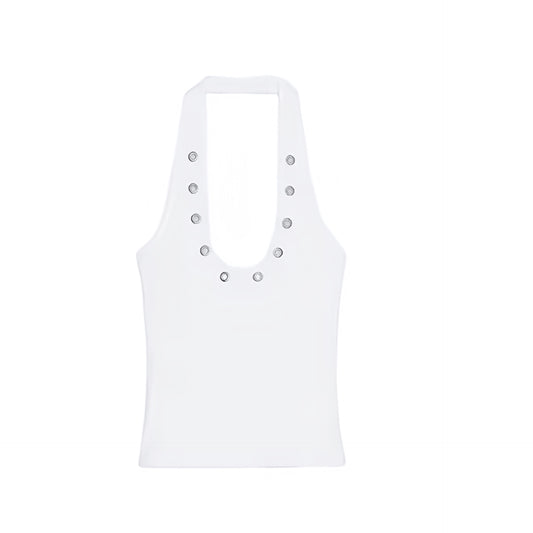 White slim fit studded sleeveless scoop-neck backless halter tank top with metallic accents, slim bodycon silhouette, skinny fit, and cropped design. Sexy corset-inspired camisole tank top for womens, teens, and ladies. Perfect for summer and fall 2025 vintage retro feminine fashion, casual everyday looks, chic Y2K coquette style, sexy night out outfits, evening party wear, trendy club wear, rave festival fashion, concert styles, western cowgirl and rockstar outfits, Ibiza style, boho chic, Stockholm style.
