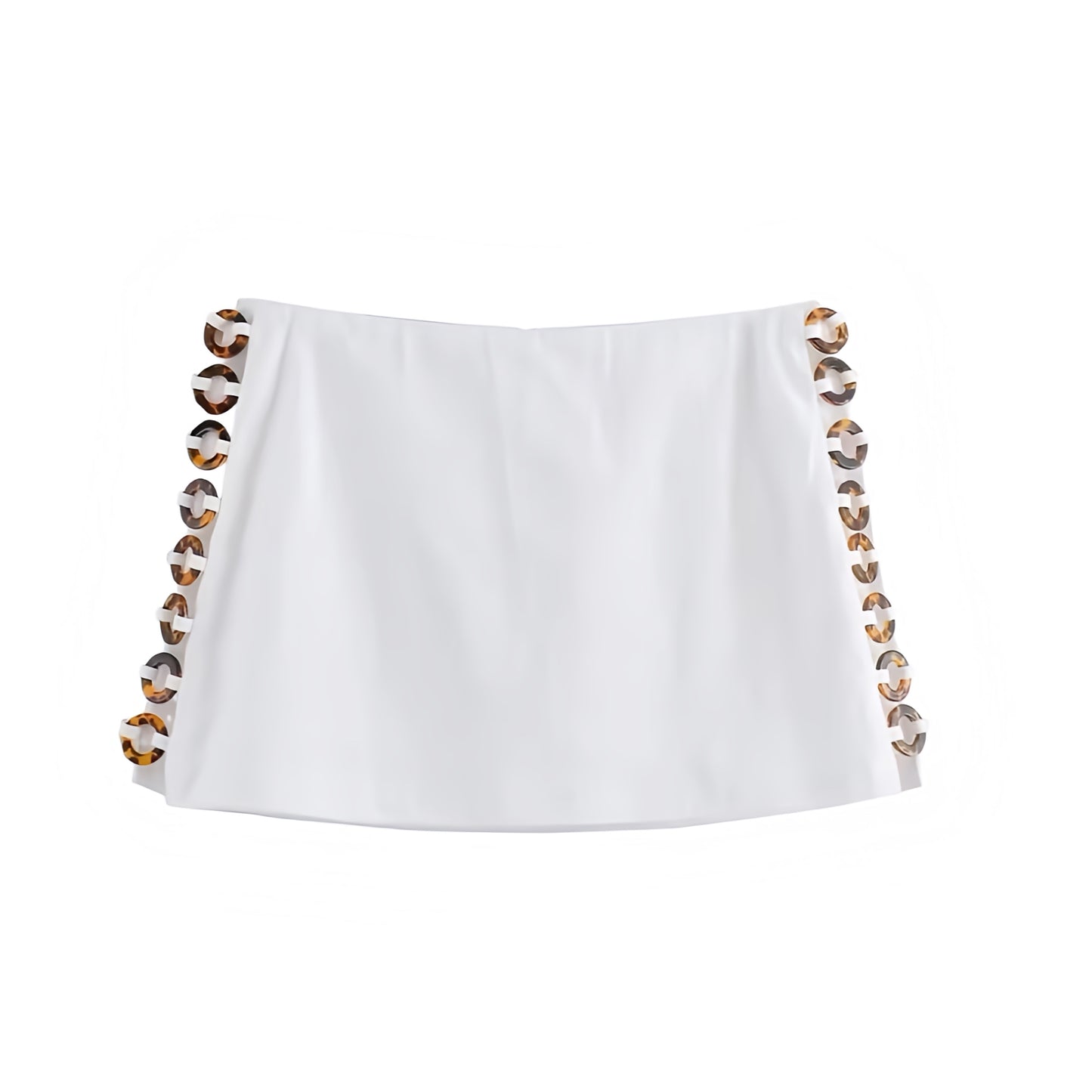 White slim fit tortoiseshell beaded hollow-out low rise mini skirt with loop circle bead cut-out details. Bodycon pencil silhouette short skirt skort for women and teens. Summer and fall 2025 feminine chic Y2K trendy style. Perfect for holiday, vacation, casual everyday, sorority rush, sexy night out, evening party, going out, club wear, rave, festival, concert, Ibiza style, boho chic, bohemian euro summer fashion, coastal granddaughter style, it girl, that girl, resort wear, beach club, Hamptons style