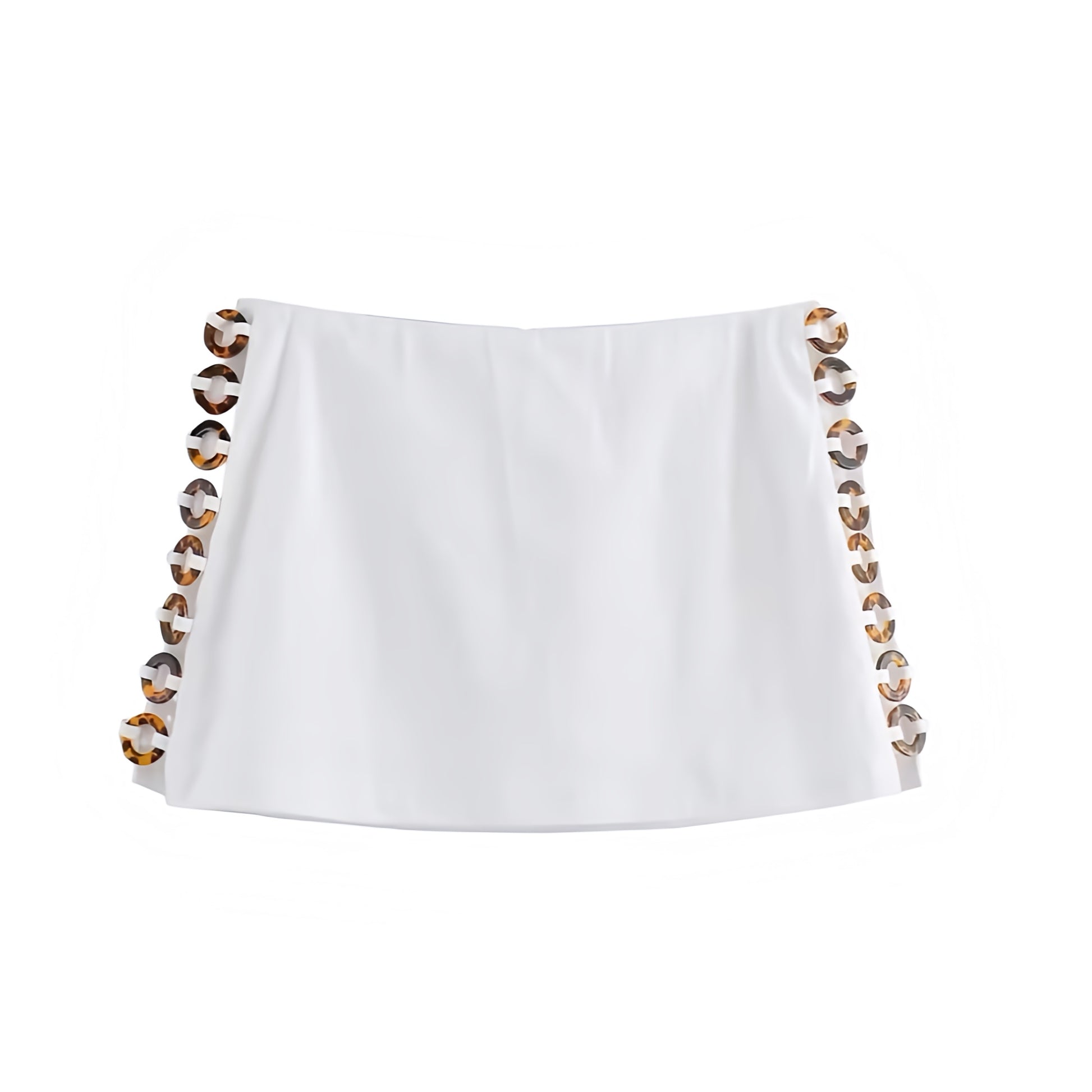 White slim fit tortoiseshell beaded hollow-out low rise mini skirt with loop circle bead cut-out details. Bodycon pencil silhouette short skirt skort for women and teens. Summer and fall 2025 feminine chic Y2K trendy style. Perfect for holiday, vacation, casual everyday, sorority rush, sexy night out, evening party, going out, club wear, rave, festival, concert, Ibiza style, boho chic, bohemian euro summer fashion, coastal granddaughter style, it girl, that girl, resort wear, beach club, Hamptons style
