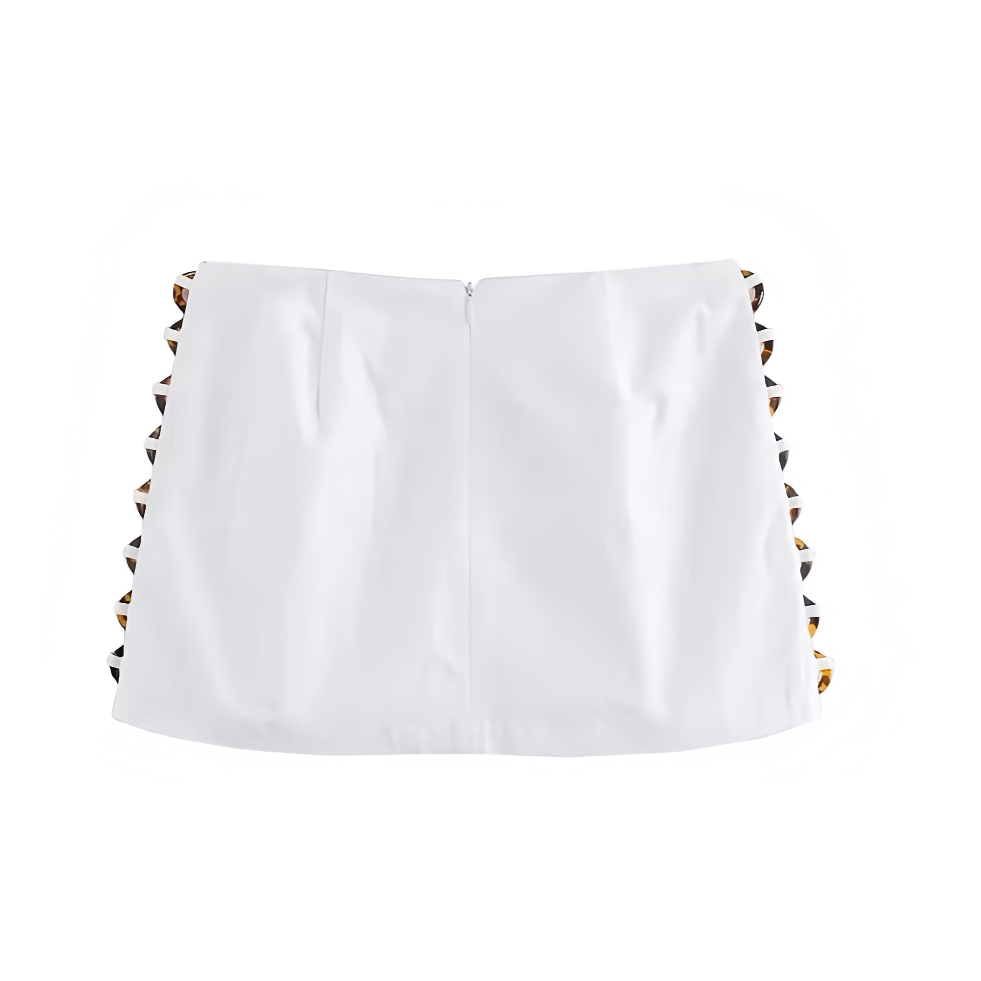 White slim fit tortoiseshell beaded hollow-out low rise mini skirt with loop circle bead cut-out details. Bodycon pencil silhouette short skirt skort for women and teens. Summer and fall 2025 feminine chic Y2K trendy style. Perfect for holiday, vacation, casual everyday, sorority rush, sexy night out, evening party, going out, club wear, rave, festival, concert, Ibiza style, boho chic, bohemian euro summer fashion, coastal granddaughter style, it girl, that girl, resort wear, beach club, Hamptons style.