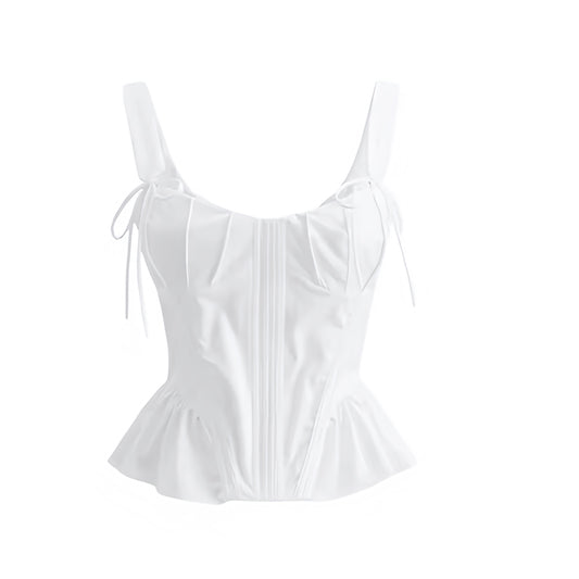 White Slim Ruffle Trim Flared Sleeveless Bow Bustier Corset Tank Top for womens, teens, and ladies. Slim fit bodycon crop camisole blouse with ruffle trim, flared peplum, sweetheart neckline, v neck, spaghetti straps, backless bow detail, vintage retro coquette chic y2k preppy style. Perfect for summer, fall, holiday, vacation, evening, party, night out, club wear, festival, and euro summer looks. Ships globally to US, Australia, New Zealand, UK, Canada, Europe, Asia, Germany, France, Ireland, Denmark.