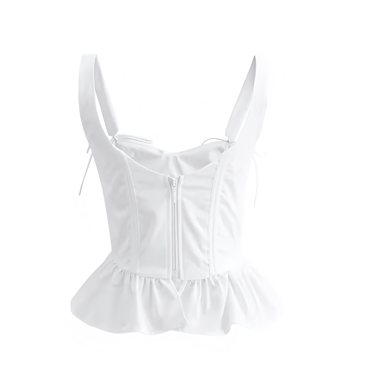 White Slim Ruffle Trim Flared Sleeveless Bow Bustier Corset Tank Top for womens, teens, and ladies. Slim fit bodycon crop camisole blouse with ruffle trim, flared peplum, sweetheart neckline, v neck, spaghetti straps, backless bow detail, vintage retro coquette chic y2k preppy style. Perfect for summer, fall, holiday, vacation, evening, party, night out, club wear, festival, and euro summer looks. Ships globally to US, Australia, New Zealand, UK, Canada, Europe, Asia, Germany, France, Ireland, Denmark.