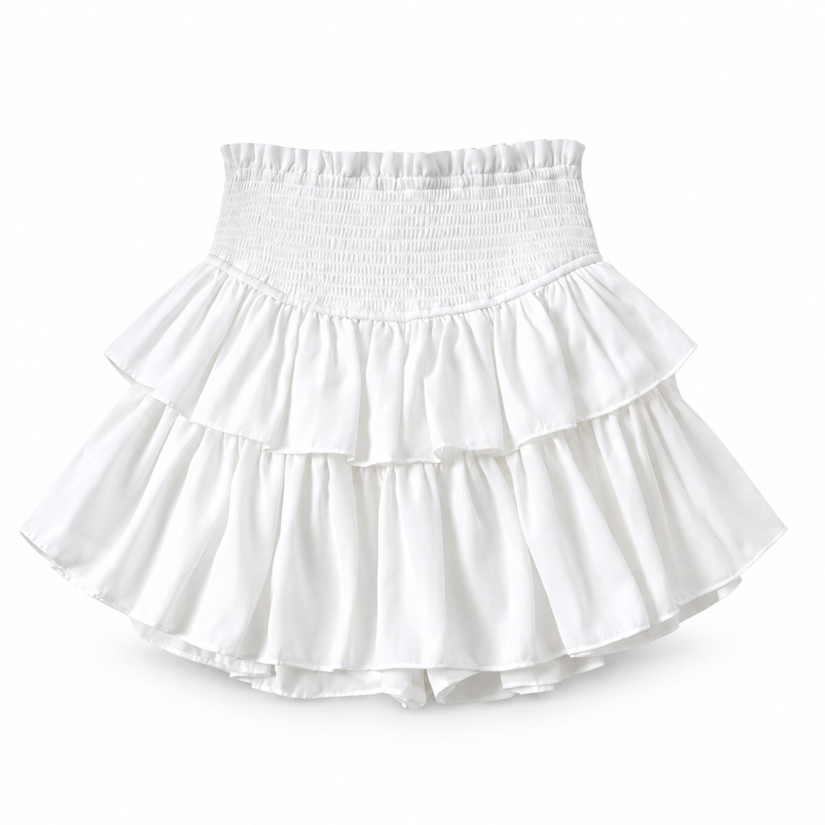 White Smocked Mid-Rise Layered Ruffle Tiered Mini Skirt