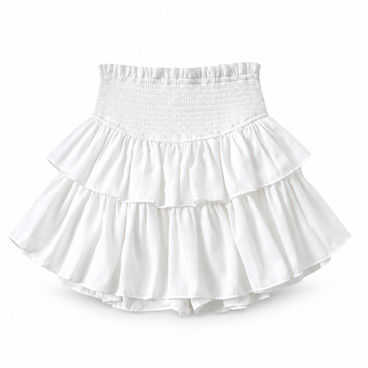 White Smocked Mid-Rise Layered Ruffle Tiered Mini Skirt