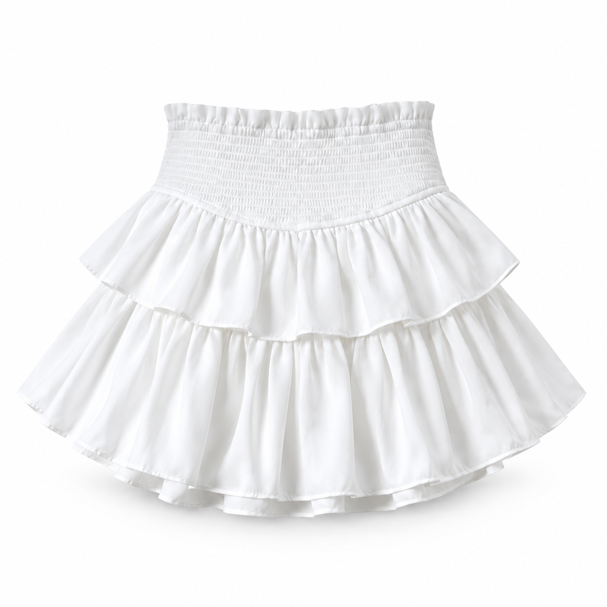 White Smocked Mid-Rise Layered Ruffle Tiered Mini Skirt