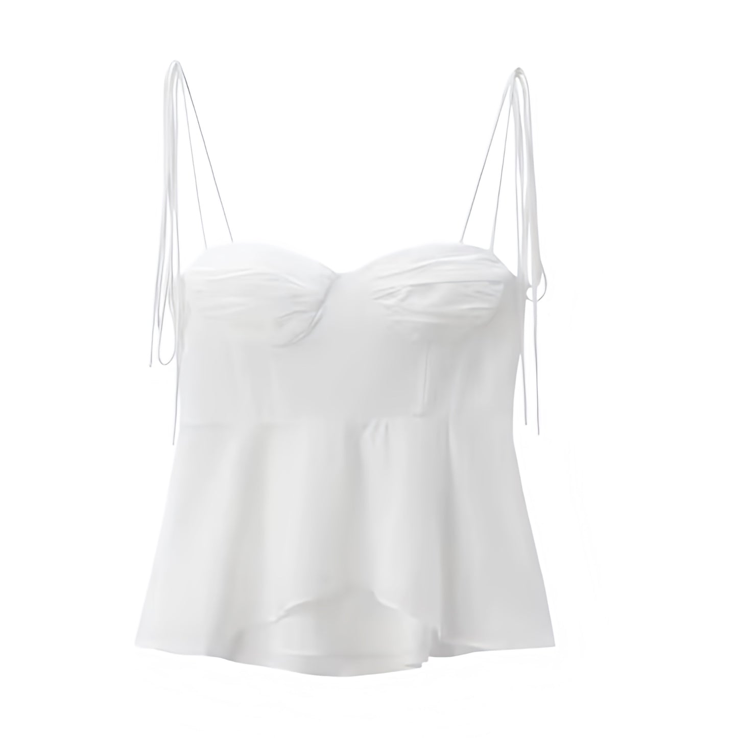 White sweetheart neckline camisole corset tank top with slim fit bustier bodycon silhouette. Sleeveless spaghetti strap backless crop blouse featuring ruffle trim, layered ruffles, plisse, flared peplum elegant details. Women’s and teens’ summer and fall 2025 fashion. Chic feminine coquette Y2K trendy casual everyday wear. Perfect for holiday, vacation, school, sorority rush, evening, party, night out, going out, sexy club wear, beach, boho chic, bohemian, euro summer, Stockholm style, coastal style