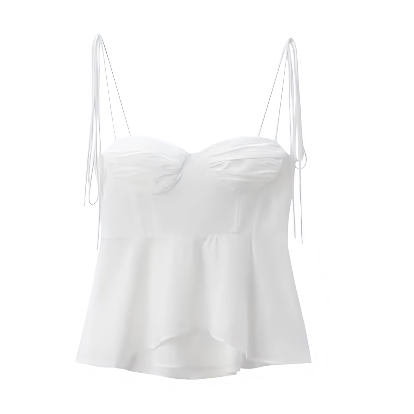 White sweetheart neckline camisole corset tank top with slim fit bustier bodycon silhouette. Sleeveless spaghetti strap backless crop blouse featuring ruffle trim, layered ruffles, plisse, flared peplum elegant details. Women’s and teens’ summer and fall 2025 fashion. Chic feminine coquette Y2K trendy casual everyday wear. Perfect for holiday, vacation, school, sorority rush, evening, party, night out, going out, sexy club wear, beach, boho chic, bohemian, euro summer, Stockholm style, coastal style