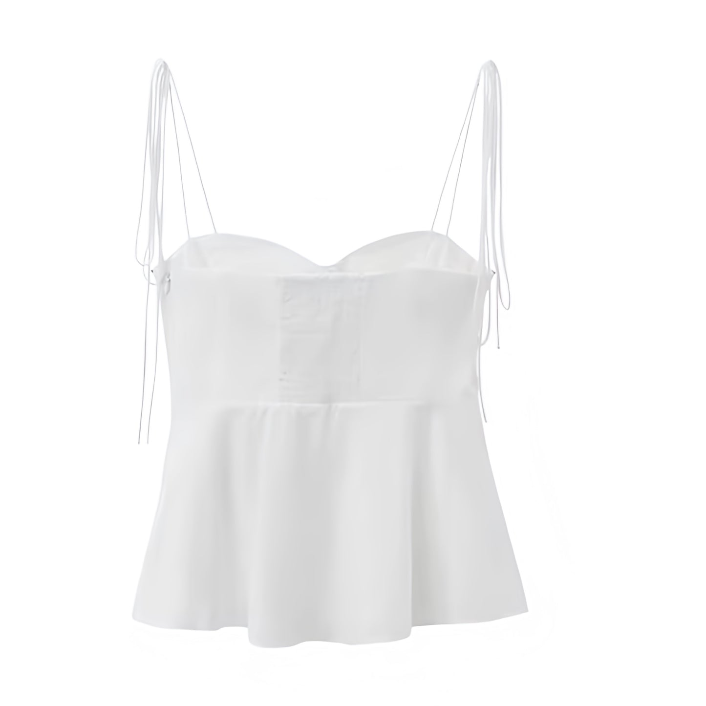 White sweetheart neckline camisole corset tank top with slim fit bustier bodycon silhouette. Sleeveless spaghetti strap backless crop blouse featuring ruffle trim, layered ruffles, plisse, flared peplum elegant details. Women’s and teens’ summer and fall 2025 fashion. Chic feminine coquette Y2K trendy casual everyday wear. Perfect for holiday, vacation, school, sorority rush, evening, party, night out, going out, sexy club wear, beach, boho chic, bohemian, euro summer, Stockholm style, coastal style