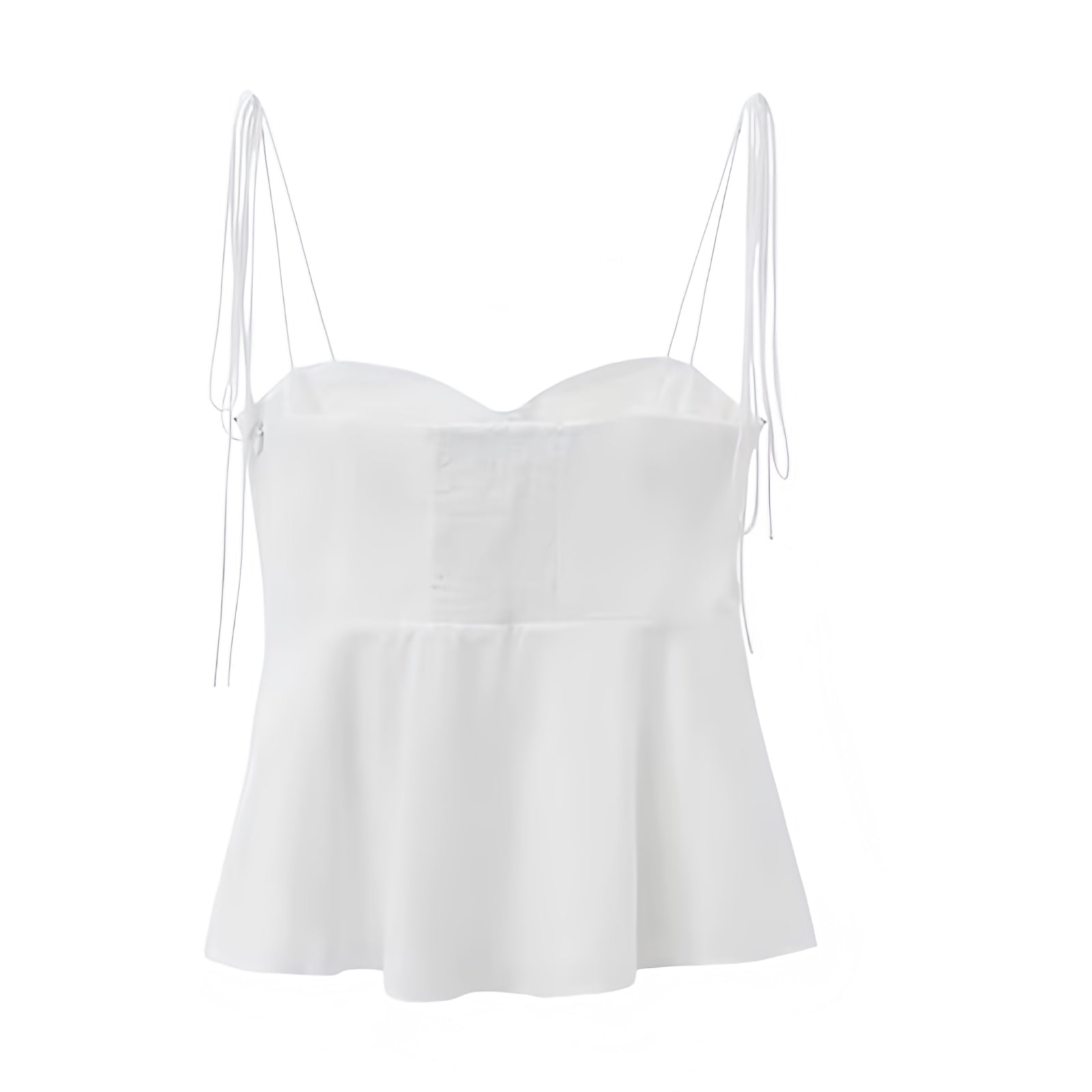 White sweetheart neckline camisole corset tank top with slim fit bustier bodycon silhouette. Sleeveless spaghetti strap backless crop blouse featuring ruffle trim, layered ruffles, plisse, flared peplum elegant details. Women’s and teens’ summer and fall 2025 fashion. Chic feminine coquette Y2K trendy casual everyday wear. Perfect for holiday, vacation, school, sorority rush, evening, party, night out, going out, sexy club wear, beach, boho chic, bohemian, euro summer, Stockholm style, coastal style